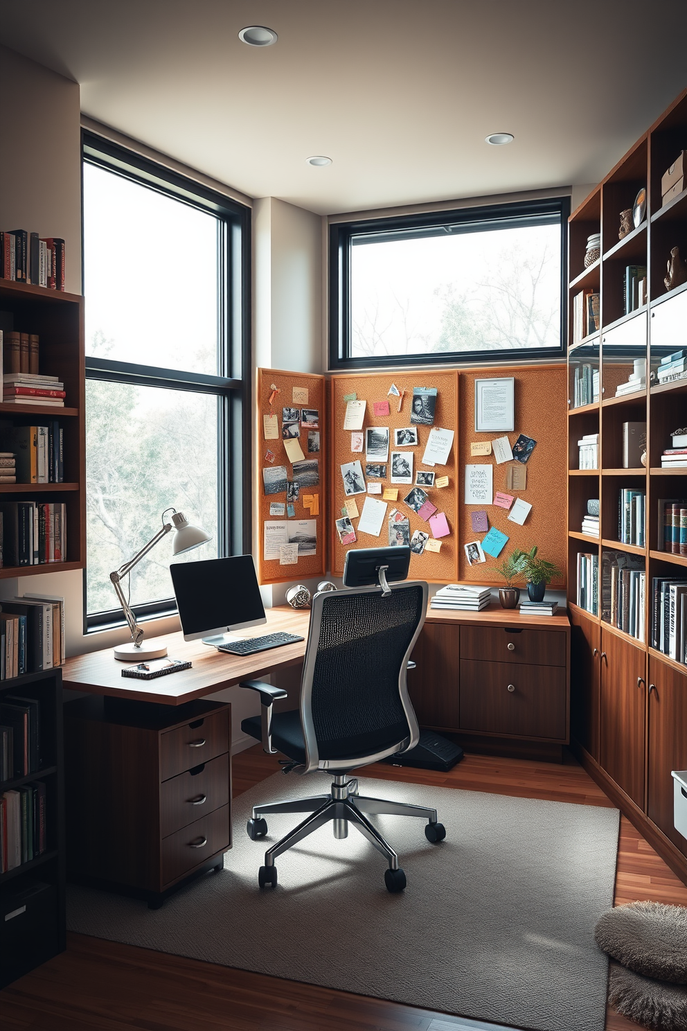 A warm and inviting home office den features a corkboard wall filled with colorful notes and inspirational images. A sleek wooden desk sits in front of the corkboard, complemented by a comfortable ergonomic chair and stylish desk lamp. Natural light floods the space through large windows, creating a bright and productive atmosphere. Shelving units filled with books and decorative items line the walls, adding personality and charm to the room.