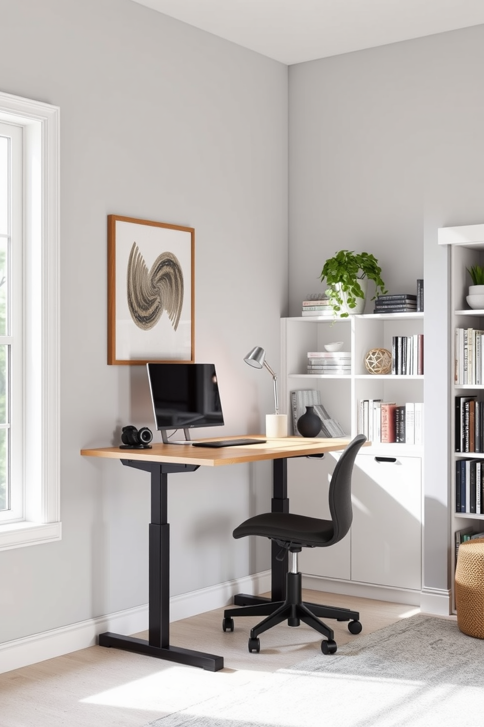 A modern home office den featuring an adjustable standing desk made of sleek wood. The desk is positioned near a large window that allows natural light to flood the space, complemented by a comfortable ergonomic chair. The walls are painted in a calming light gray, creating a serene atmosphere. A stylish bookshelf filled with books and decorative items stands against one wall, enhancing the room's functionality and aesthetic appeal.