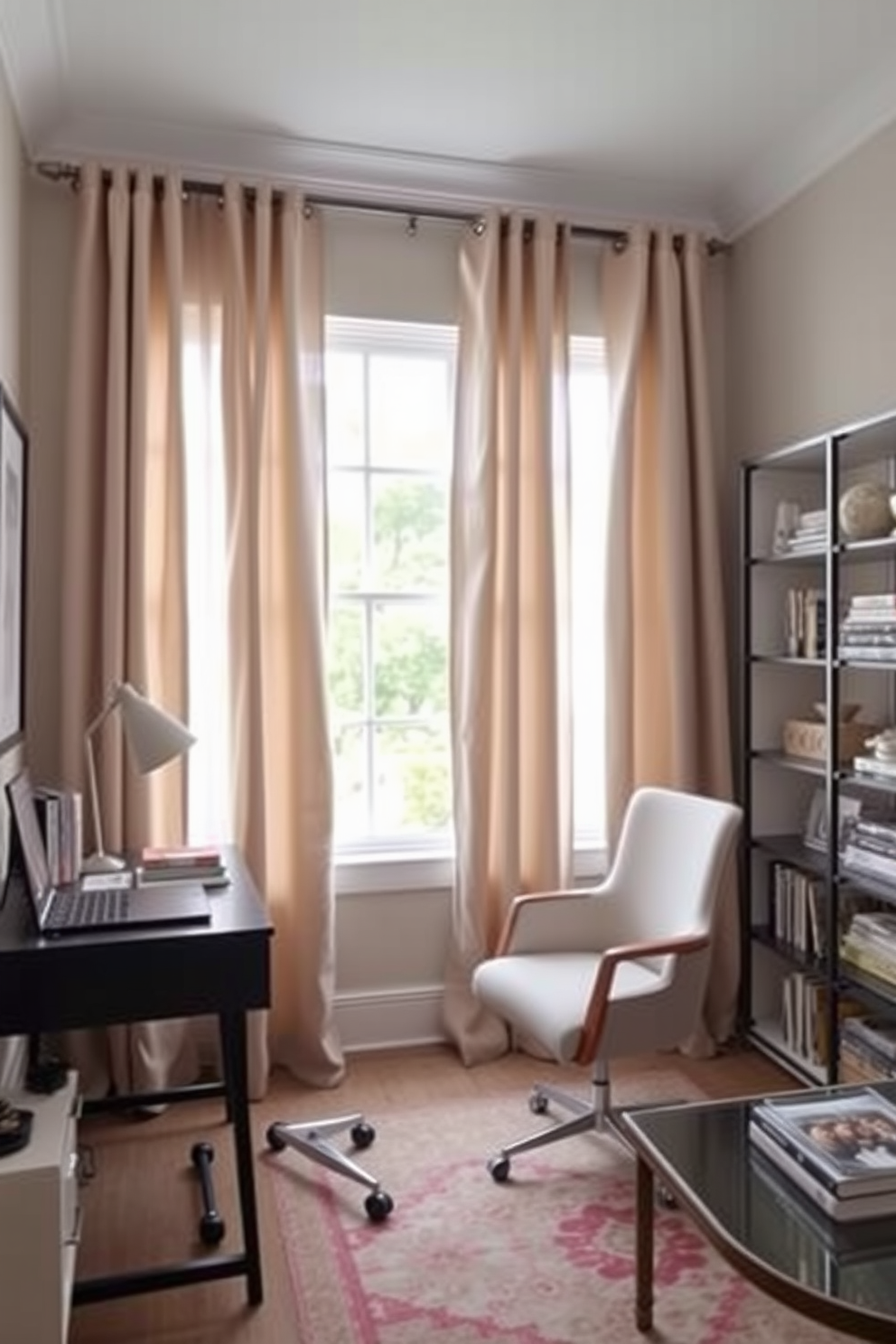 Chic curtains in a soft linen fabric frame a large window, allowing natural light to filter through while providing privacy. The curtains are in a muted color palette that complements the overall decor of the home office den. A stylish desk sits against one wall, adorned with a sleek lamp and organized stationery. Beside the desk, a comfortable chair invites productivity, while shelves filled with books and decorative items add personality to the space.