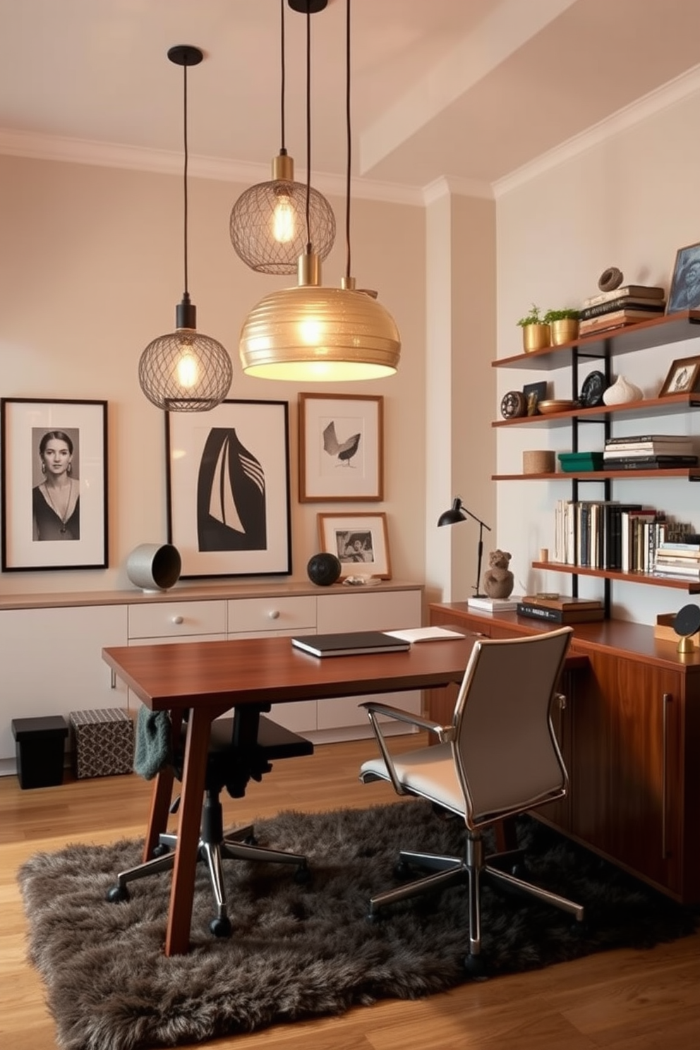 Artistic light fixtures hang from the ceiling, casting a warm glow over the space. The room features a sleek wooden desk paired with a comfortable ergonomic chair, creating an inviting workspace. The walls are adorned with a mix of framed artwork and shelves filled with books and decorative objects. A plush area rug sits beneath the desk, adding texture and warmth to the home office den.