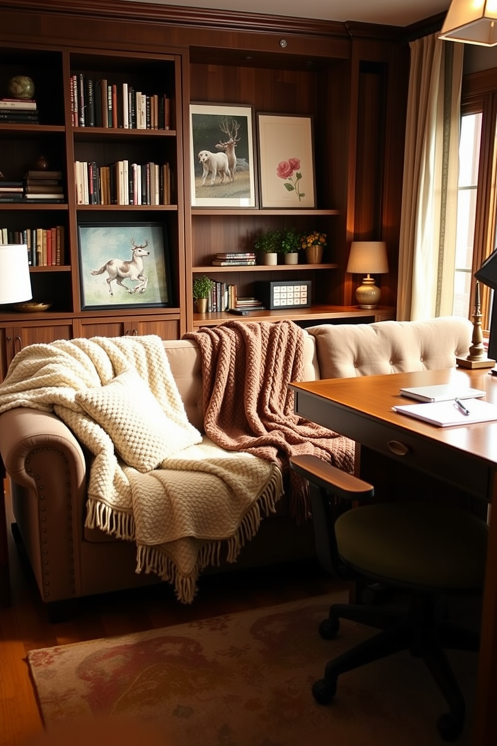 Cozy throw blankets draped over a plush sofa invite relaxation in a warm and inviting living space. The blankets are in soft, neutral tones, complementing the rich textures of the surrounding decor. A stylish home office den features a large wooden desk positioned against a wall lined with bookshelves. The space is accented with a comfortable ergonomic chair and decorative elements that inspire creativity and productivity.