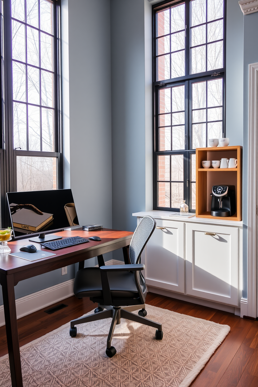 A stylish home office den featuring a sleek coffee station for convenience. The desk is made of dark wood with a modern ergonomic chair, while the walls are painted in a calming light blue. To the side, a compact coffee station is set up with a minimalist espresso machine and a wooden shelf holding coffee mugs. Large windows allow natural light to fill the room, complemented by a cozy rug underfoot.