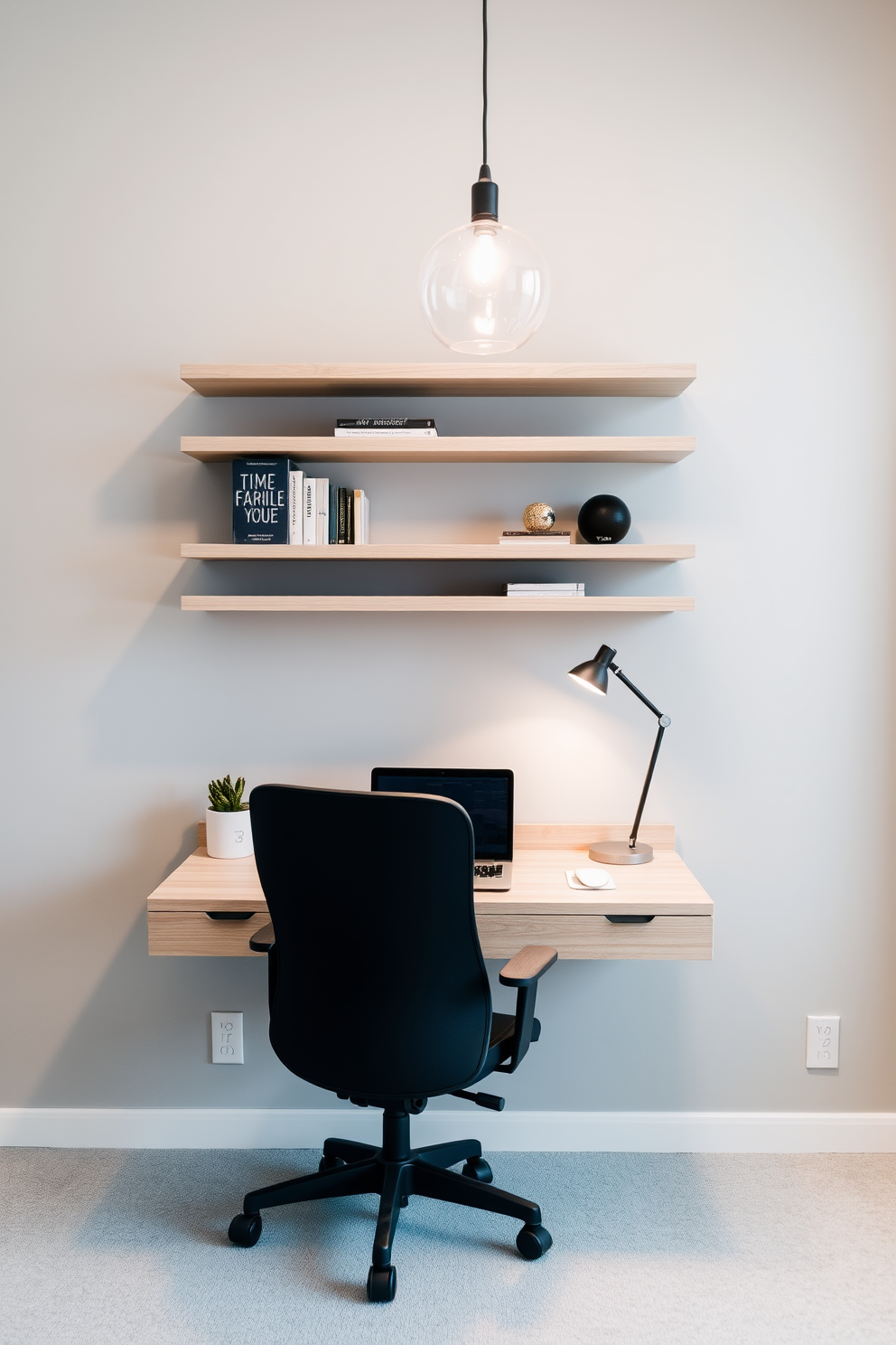 A modern home office den features a sleek wall-mounted desk made of light wood, providing an elegant workspace without taking up floor space. Above the desk, floating shelves display books and decorative items, while a comfortable ergonomic chair complements the minimalist design. The walls are painted in a soft gray hue, creating a calming atmosphere ideal for productivity. A stylish pendant light hangs above the desk, illuminating the area with warm, inviting light.