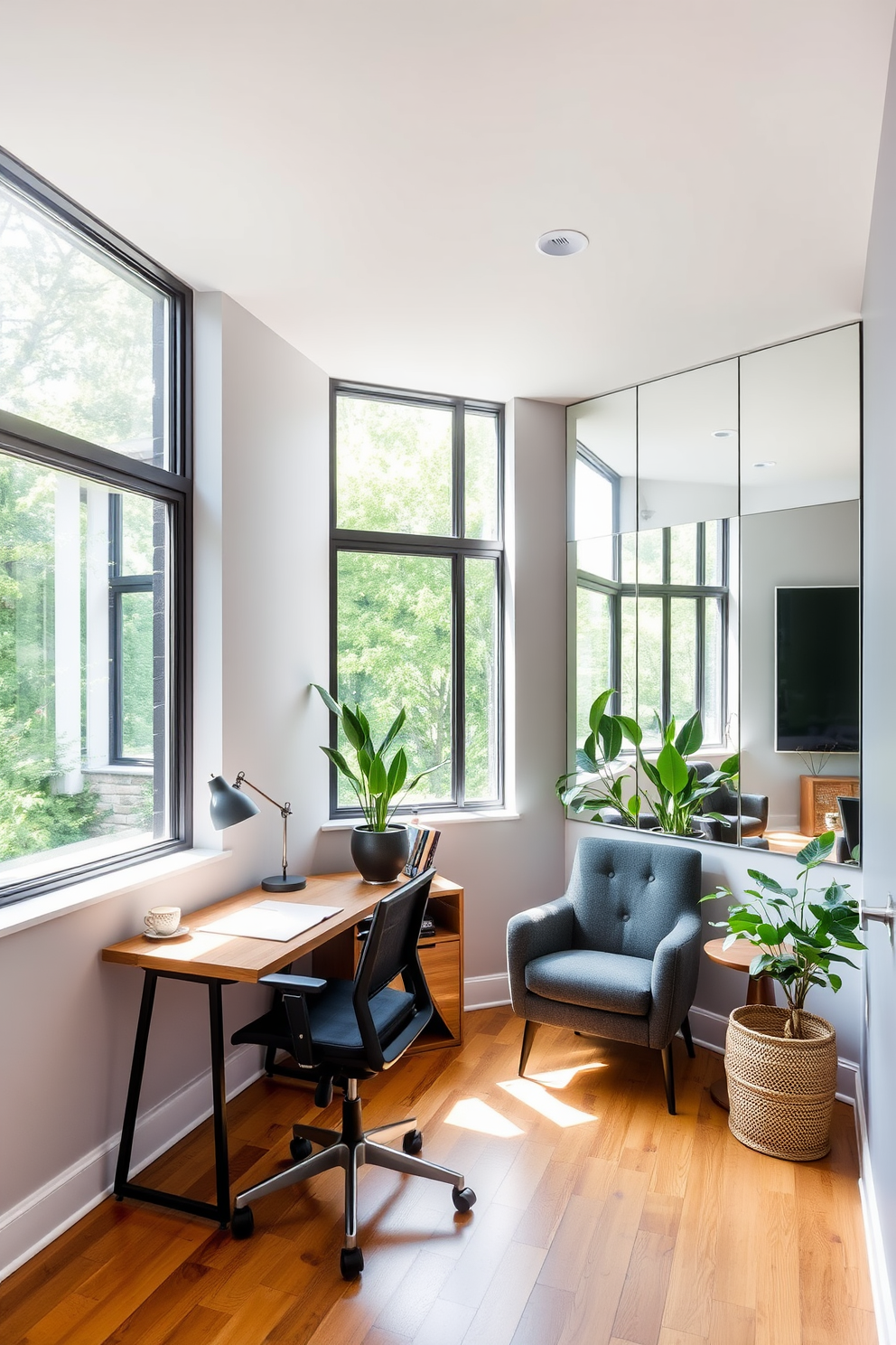 A modern home office den featuring large windows that allow natural light to flood the space. The walls are painted in a soft gray tone, and a sleek wooden desk is positioned against one wall, complemented by a comfortable ergonomic chair. On the opposite wall, a series of strategically placed mirrors reflect the light and create an illusion of a larger space. A cozy reading nook with a plush armchair and a small bookshelf is situated in one corner, adorned with decorative plants for a touch of greenery.