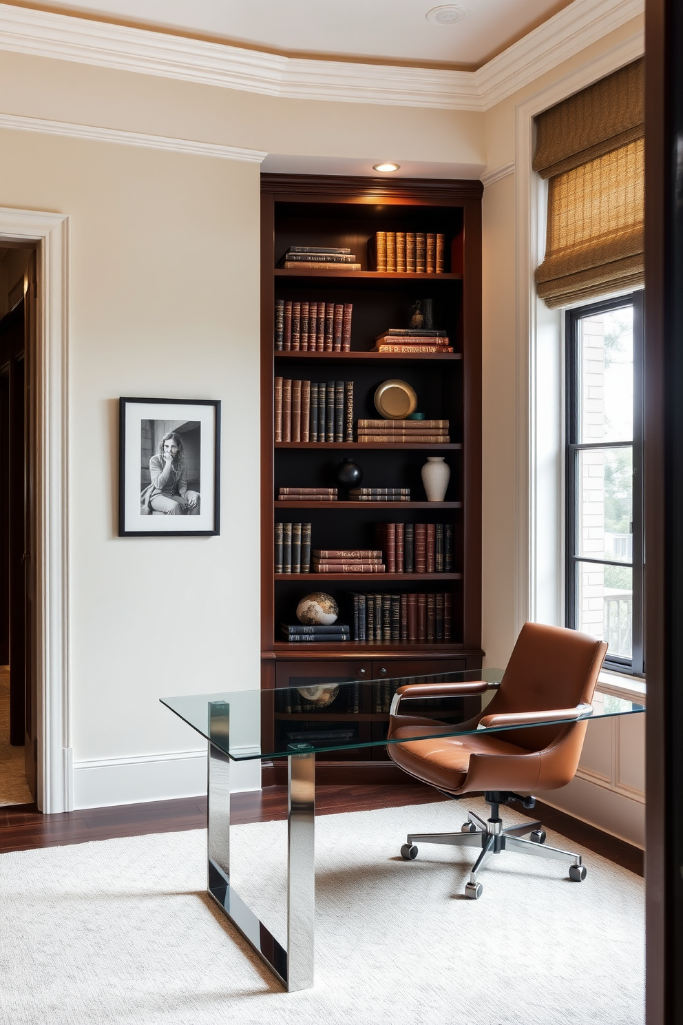 A classic bookshelf made of dark mahogany wood stands against a soft cream wall. It is filled with leather-bound books and decorative objects, with a warm reading light positioned above. The home office features a sleek desk with a glass top and brushed metal legs. A comfortable leather chair complements the desk, while a large window allows natural light to flood the space.