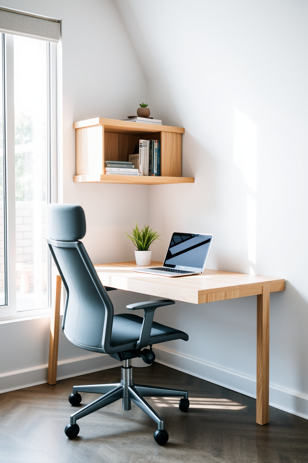 A minimalist desk made of light wood is positioned against a white wall, complemented by an ergonomic chair in a sleek gray fabric. Natural light floods the space through a large window, creating an inviting atmosphere for productivity. On the desk, a modern laptop sits next to a small potted plant, adding a touch of greenery to the workspace. Shelves above the desk hold neatly arranged books and decorative items, maintaining a clean and uncluttered look.