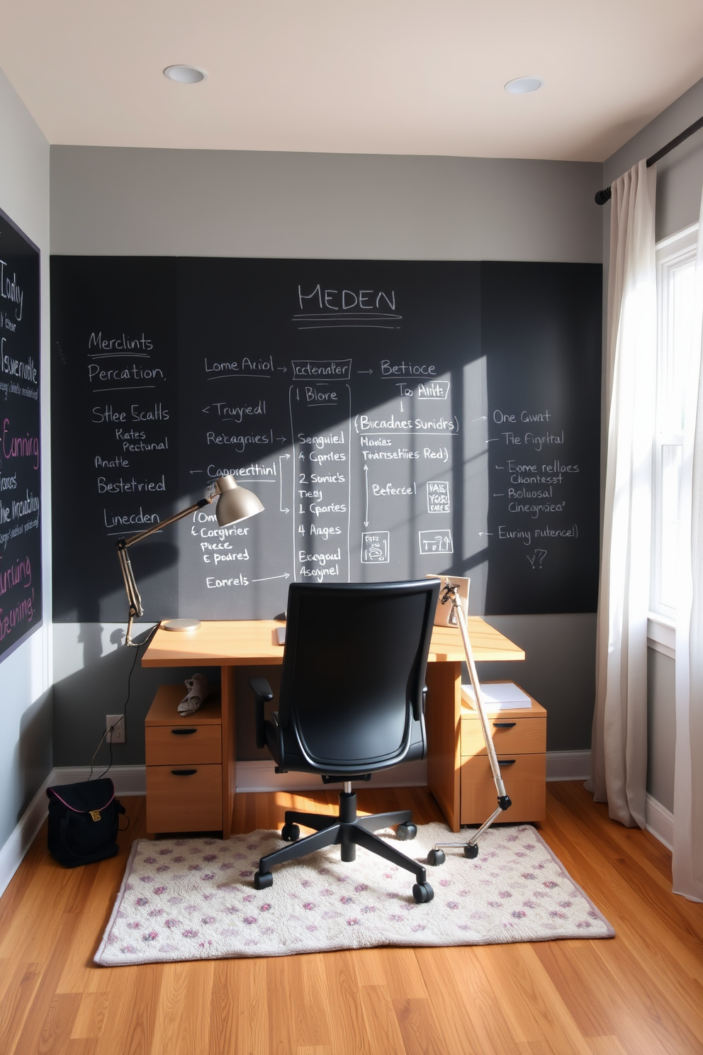 A modern home office den featuring a large chalkboard wall for brainstorming ideas. The space includes a sleek wooden desk positioned in front of the chalkboard, complemented by a comfortable ergonomic chair and stylish desk lamp. Natural light floods the room through a large window adorned with sheer curtains. The walls are painted in a soft gray, and a cozy area rug lies beneath the desk, adding warmth to the space.