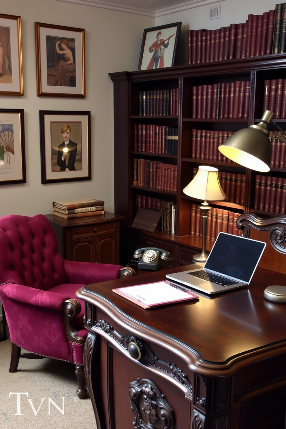 A cozy home office den featuring vintage decor blended with modern technology. A large wooden desk with intricate carvings sits against the wall, complemented by a sleek laptop and a vintage rotary phone. The walls are adorned with framed art deco prints and a classic bookshelf filled with leather-bound books. A plush armchair in a rich burgundy fabric invites relaxation, while a contemporary floor lamp provides warm lighting for reading.