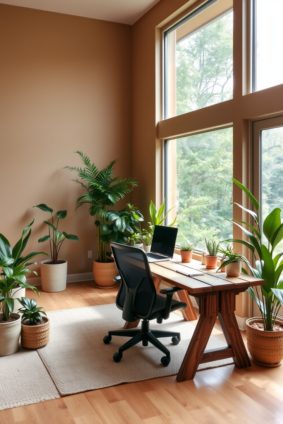 A serene home office den featuring nature-inspired elements. The walls are adorned with soft earth tones, and large windows allow natural light to flood the space. A wooden desk made from reclaimed wood sits against one wall, complemented by a comfortable ergonomic chair. Potted plants are strategically placed around the room, bringing a touch of greenery and tranquility.