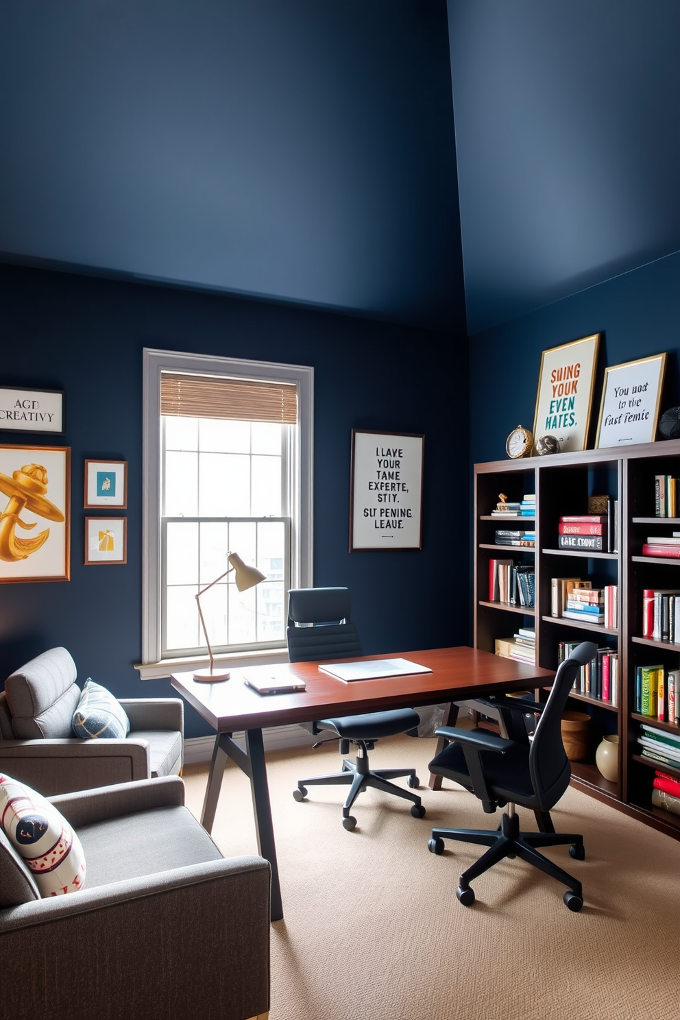 A home office den featuring a bold accent wall painted in deep navy blue. The wall is adorned with inspiring art pieces that reflect creativity and motivation, enhancing the workspace ambiance. The room includes a sleek wooden desk positioned facing a large window, allowing natural light to illuminate the space. Comfortable ergonomic seating complements the design, while stylish bookshelves filled with books and decor add personality.