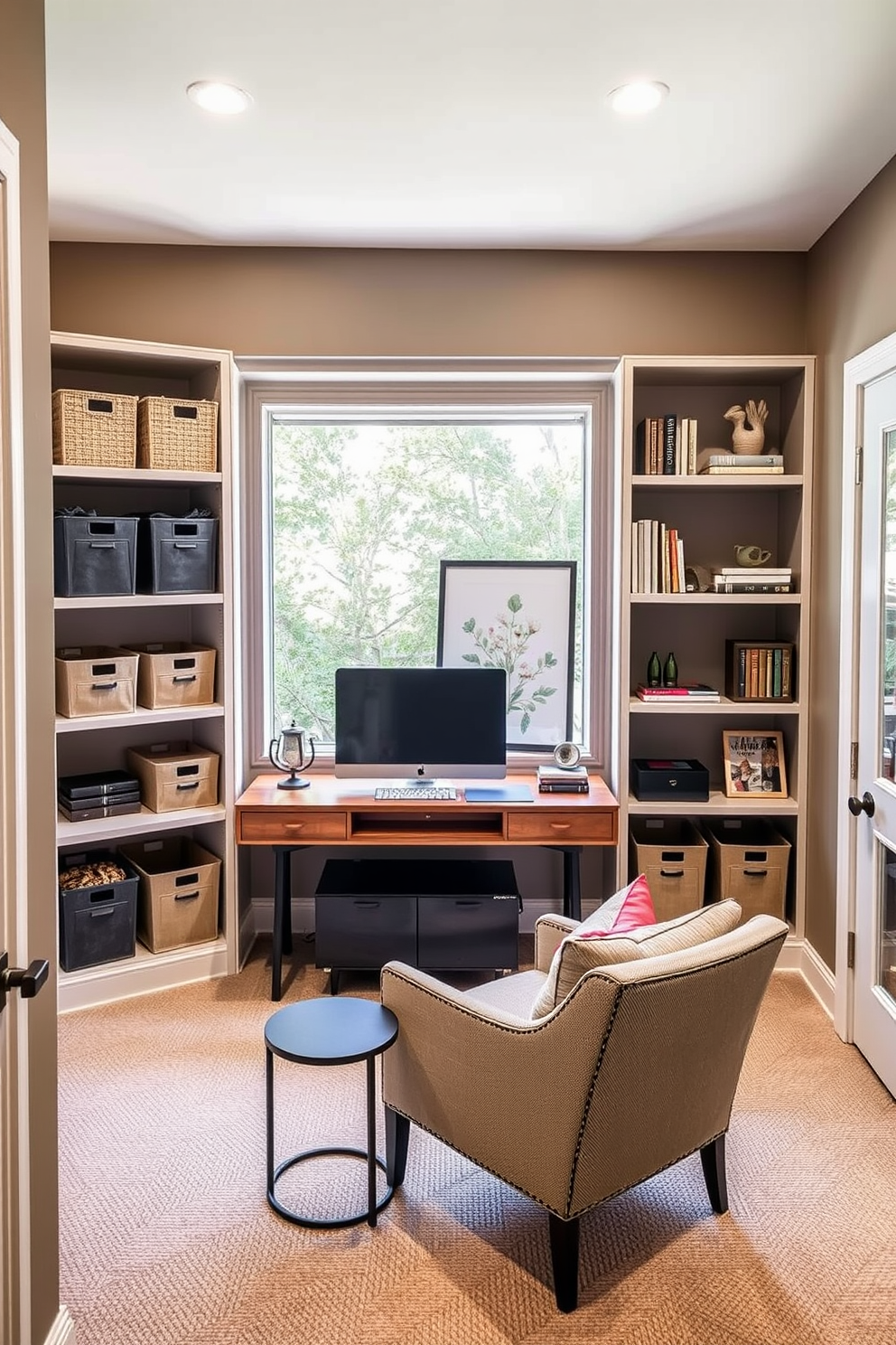 A cozy home office den features open shelving that provides easy access to supplies and books. The walls are painted in a warm taupe color, and a stylish desk is positioned in front of a large window, allowing natural light to flood the space. The open shelves are filled with neatly organized storage bins and decorative items, creating a visually appealing and functional display. A comfortable chair sits in the corner, accompanied by a small side table for coffee breaks or reading.