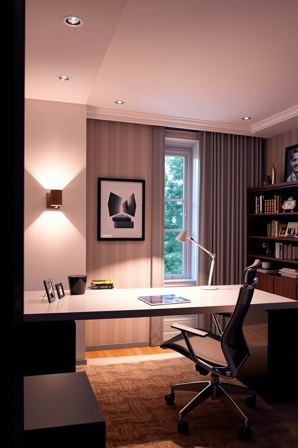 A stylish home office den features layered lighting that enhances both functionality and ambiance. The space includes a sleek desk with a comfortable ergonomic chair, illuminated by a combination of recessed ceiling lights and a modern desk lamp. Soft wall sconces provide additional warmth, creating a cozy atmosphere for focused work. The decor includes a bookshelf filled with curated books and personal mementos, with a large window allowing natural light to filter in.