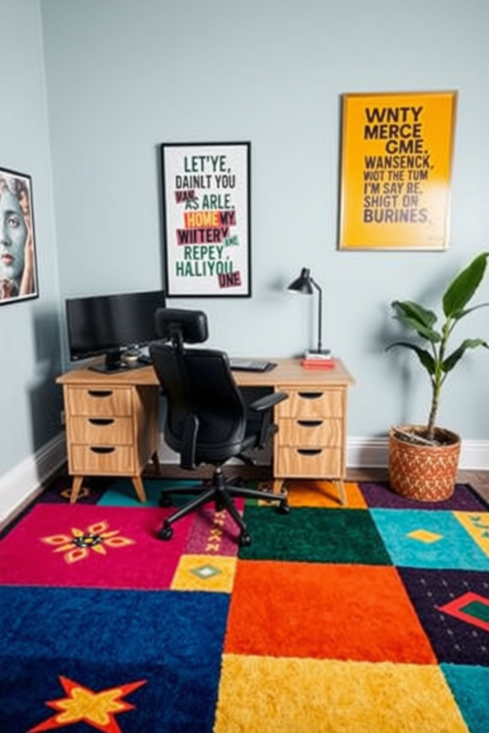 A vibrant area rug anchors the home office den, featuring a mix of bold colors and geometric patterns that add personality to the space. Surrounding the rug, a sleek wooden desk is positioned against a wall adorned with inspirational artwork, while a comfortable ergonomic chair invites productivity.