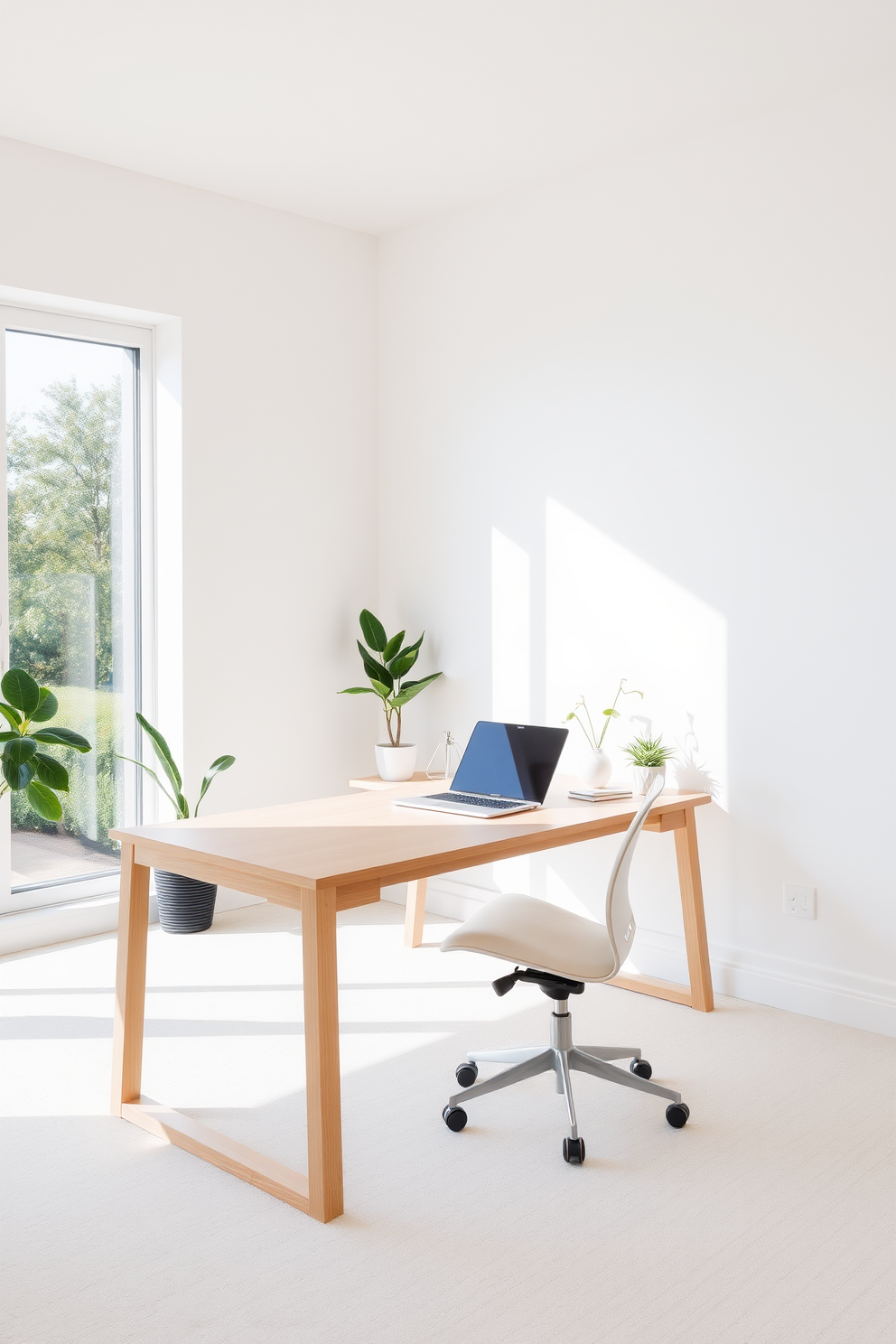 A modern minimalist desk is positioned in a bright home office, bathed in natural light from a large window. The desk features clean lines and a light wood finish, accompanied by a sleek ergonomic chair that complements the overall aesthetic. The walls are painted in a soft white, enhancing the airy feel of the space. A few potted plants are strategically placed to add a touch of greenery and warmth to the minimalist design.