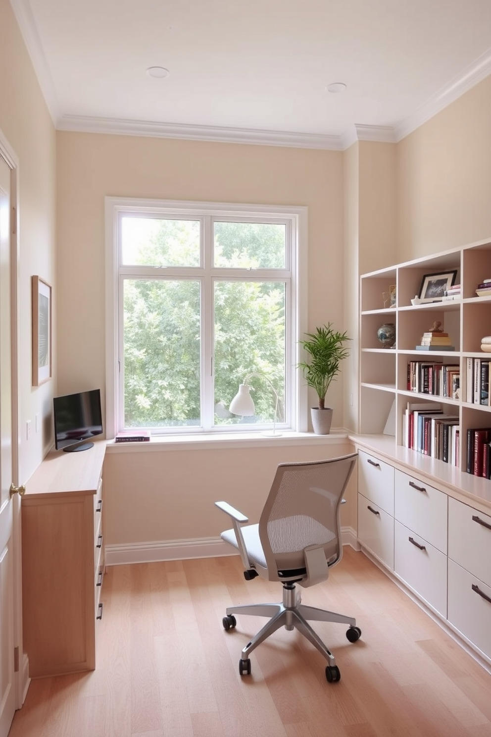 A serene home office space filled with natural light. The walls are painted in soft beige, complemented by a light wood desk with clean lines and a comfortable ergonomic chair. A large window offers a view of greenery outside, enhancing the tranquil vibe. Shelves lined with books and decorative items add personality while maintaining an organized feel.