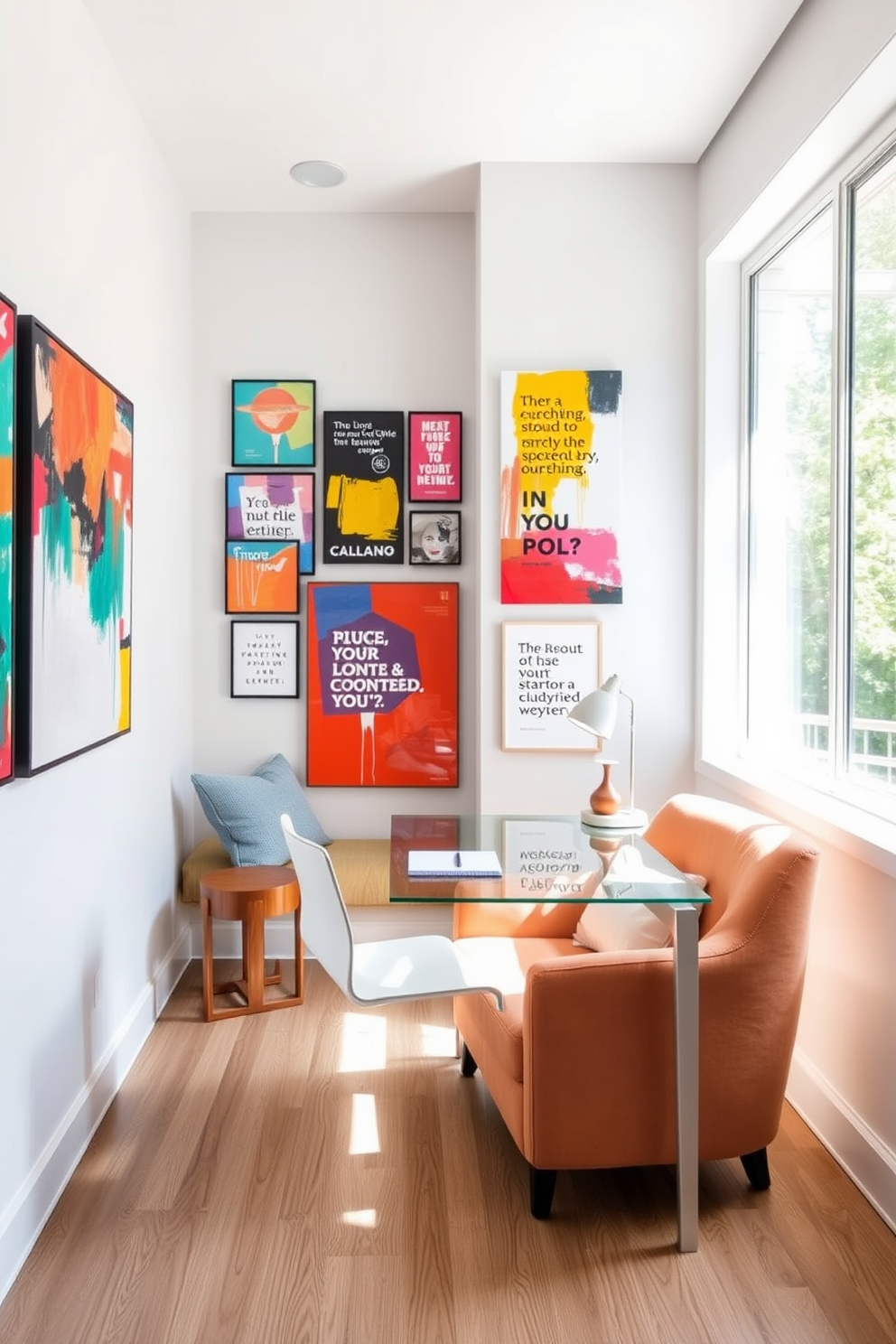 A modern home office featuring a sleek desk with a glass top and a minimalist chair. The walls are adorned with vibrant abstract paintings that energize the space, and a large window allows natural light to flood in. A cozy reading nook in the corner with a plush armchair and a small side table. A gallery wall showcases inspiring quotes and colorful artwork, creating an atmosphere that encourages creativity and focus.