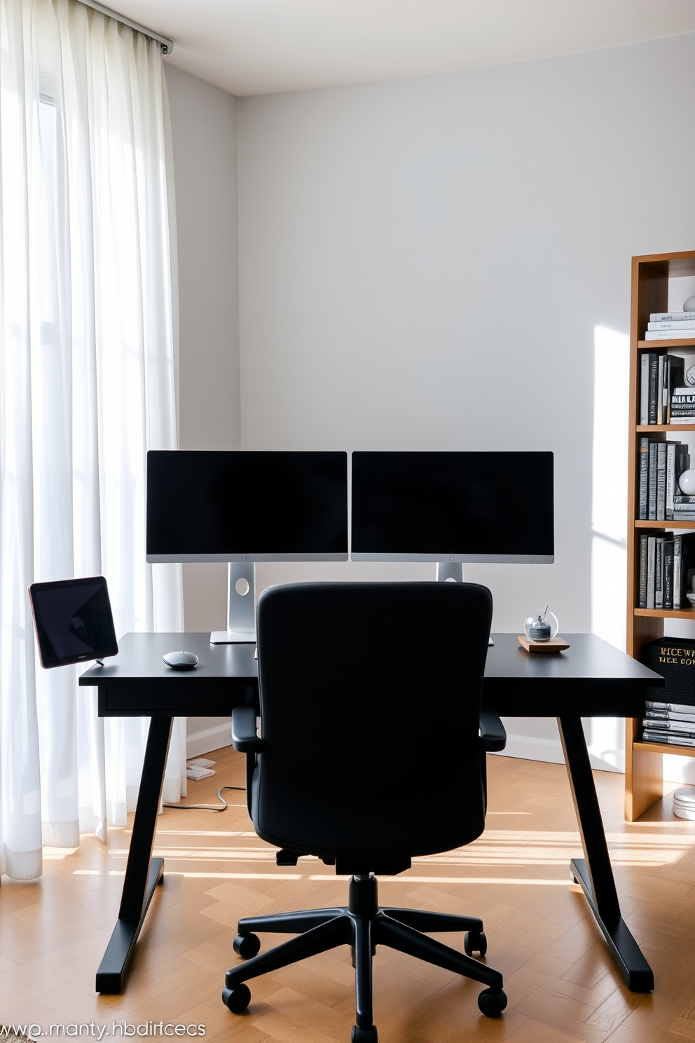 A modern home office featuring dual monitors positioned on a sleek black desk. The walls are painted in a calming light gray, and a comfortable ergonomic chair is placed in front of the desk. Natural light floods the space through a large window adorned with sheer white curtains. A stylish bookshelf filled with books and decorative items stands against one wall, adding personality to the room.