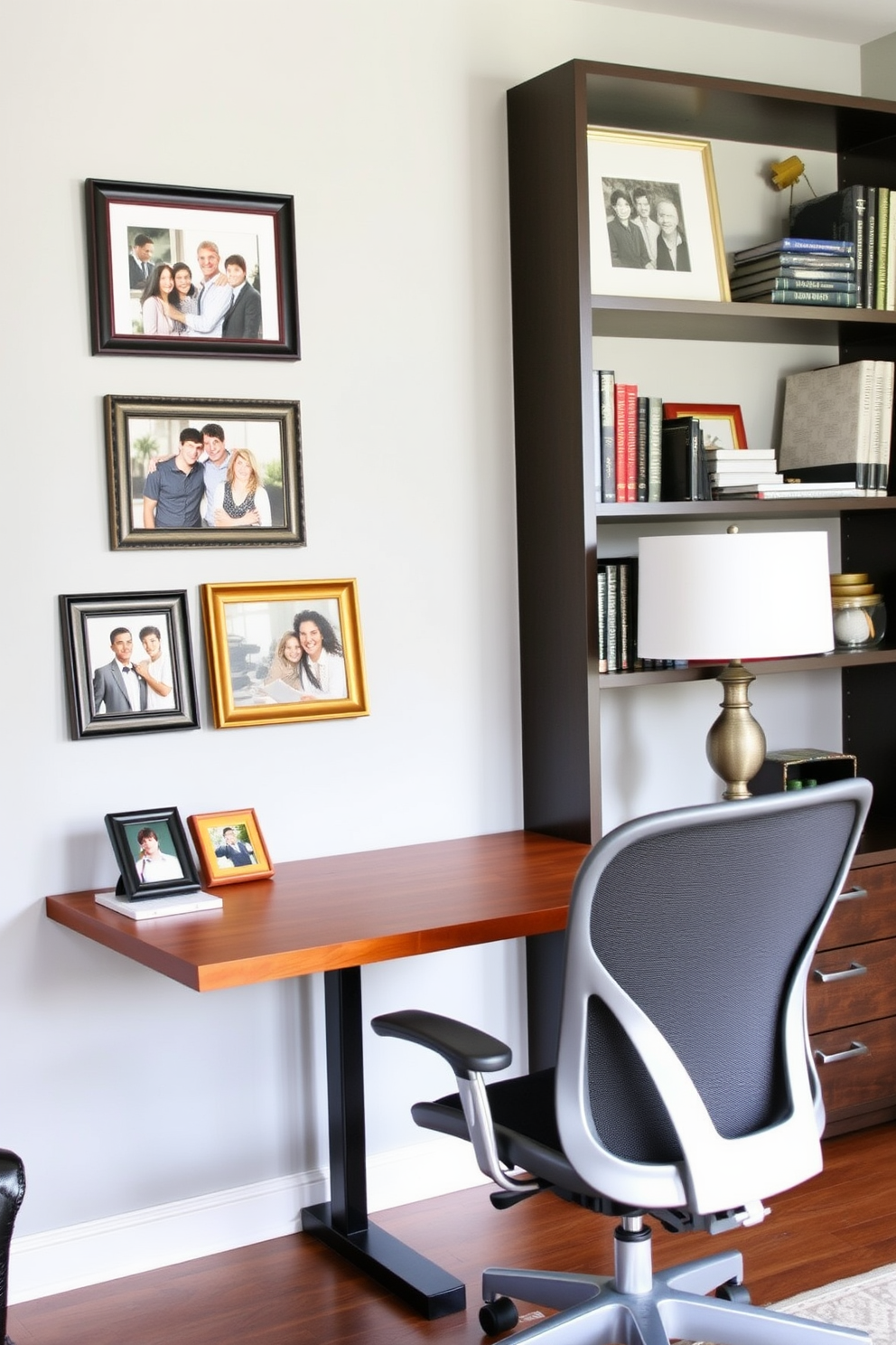 A personalized workspace featuring a sleek wooden desk positioned against a soft gray wall. Family photos in elegant frames are arranged on the desk and the wall, creating a warm and inviting atmosphere. A comfortable ergonomic chair complements the desk, providing a perfect spot for productivity. A stylish bookshelf filled with books and decorative items adds character to the home office design.