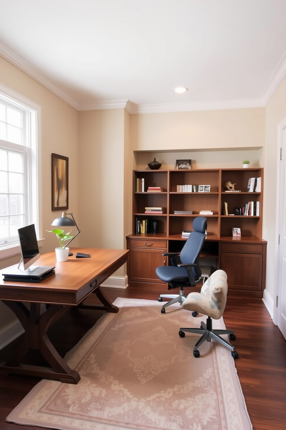 A cozy home office featuring a large wooden desk positioned near a window that allows natural light to flood the space. The walls are painted in a soft beige tone, and a comfortable ergonomic chair complements the desk. On the opposite wall, there are built-in shelves filled with books and decorative items. A stylish rug in muted colors lies underfoot, adding warmth to the room while a small potted plant sits on the desk for a touch of greenery.