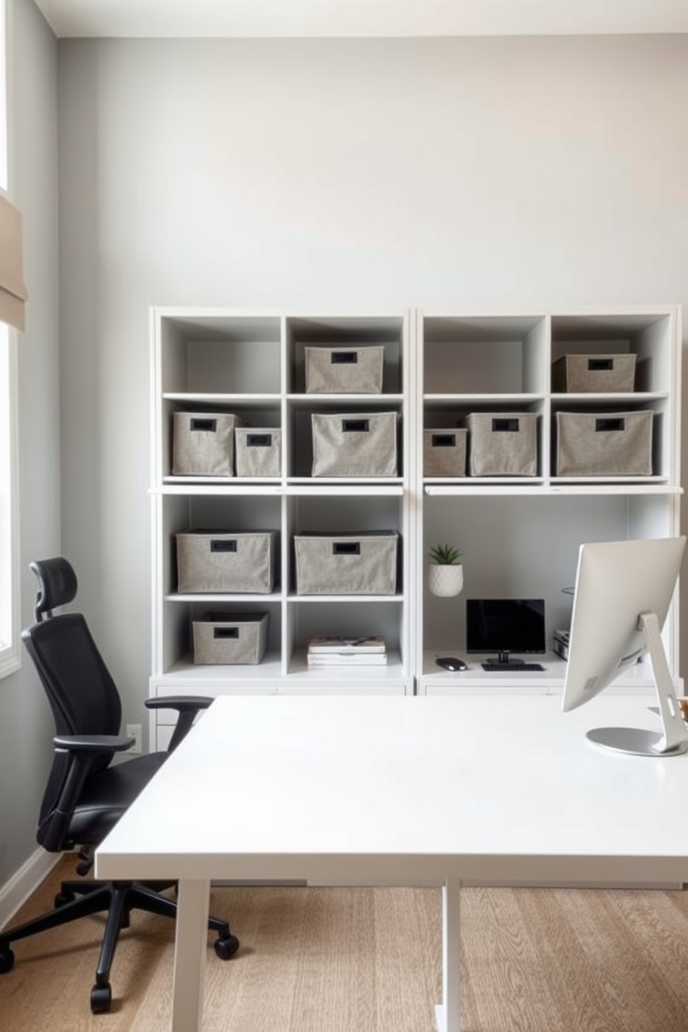 A modern home office featuring a sleek desk with integrated storage solutions. Stylish fabric bins in various sizes are neatly arranged on open shelves, providing both organization and aesthetic appeal. The walls are painted in a calming light gray, creating a serene workspace. A comfortable ergonomic chair complements the desk, while a large window allows natural light to fill the room, enhancing productivity.