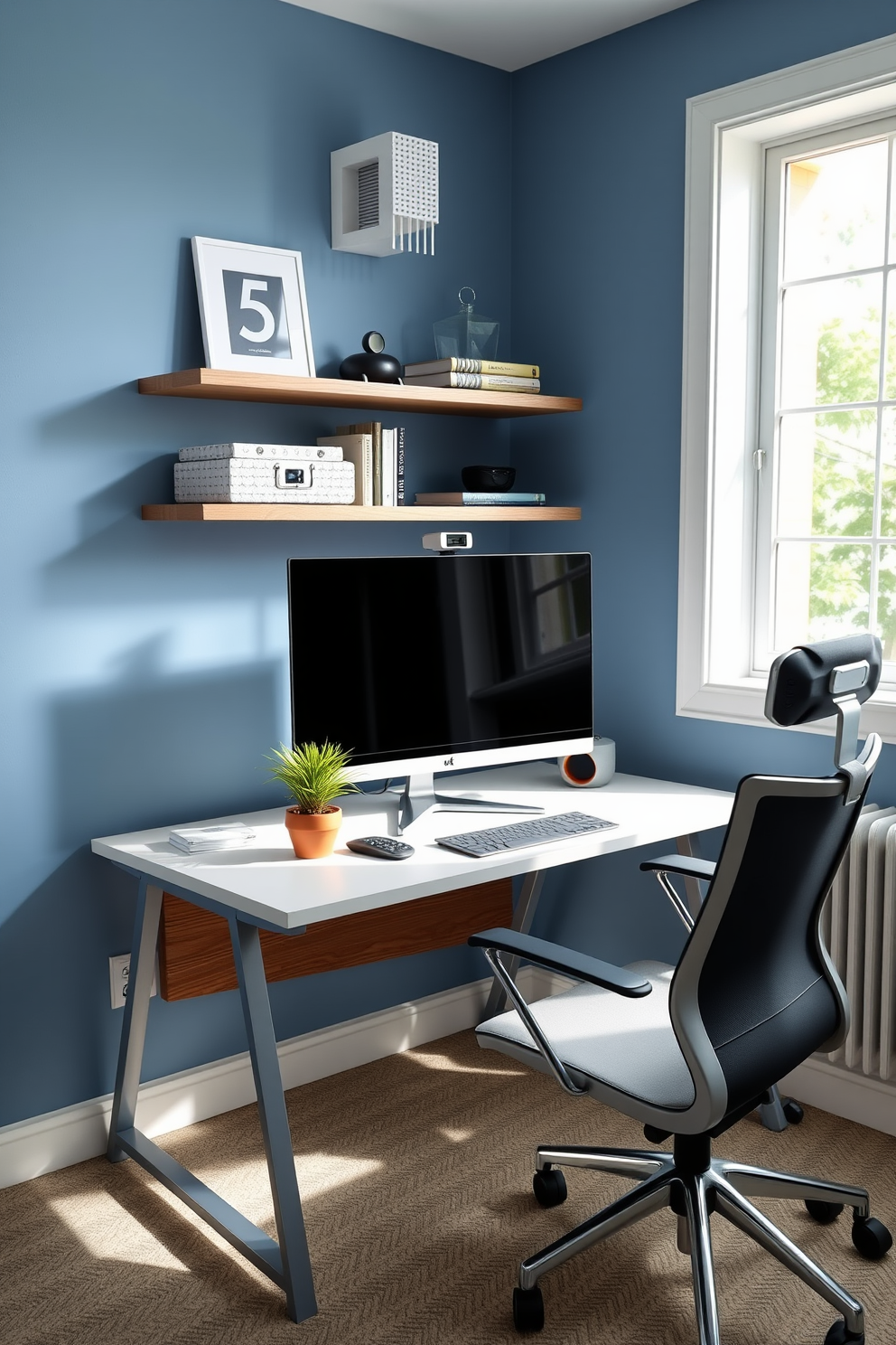 A dedicated area for a video conferencing setup features a sleek desk positioned against a bright window, allowing natural light to flood the space. The walls are painted in a calming blue hue, and a comfortable ergonomic chair complements the modern aesthetic. On the desk, a high-resolution monitor is paired with a stylish webcam, while a small potted plant adds a touch of greenery. Shelves above the desk hold organized books and decorative items, creating an inspiring and functional home office environment.