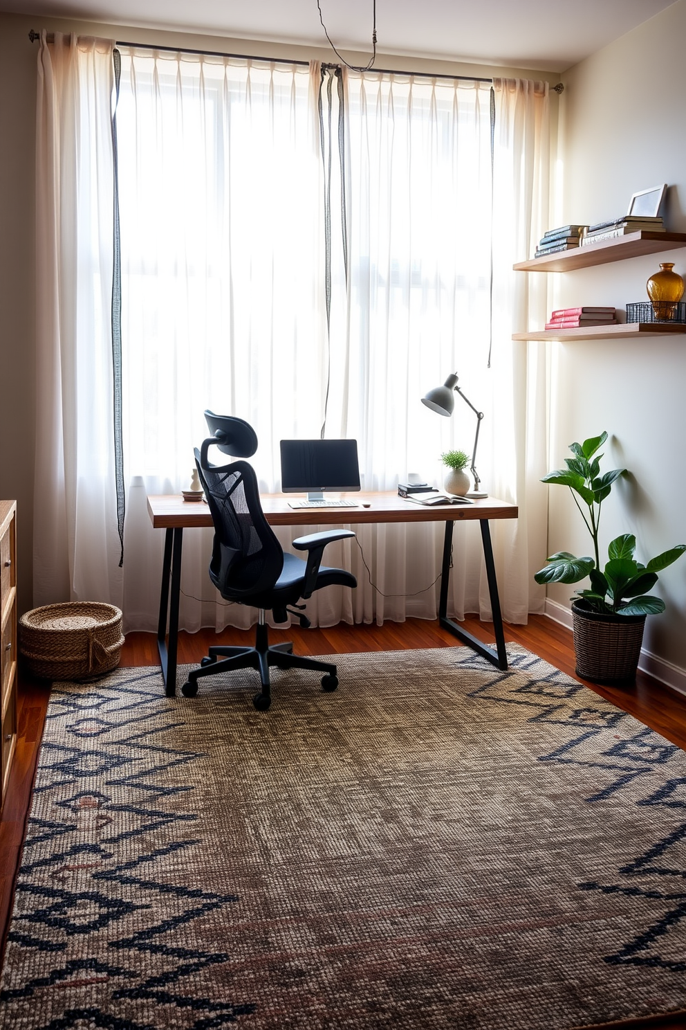 A cozy home office setting featuring a large textured rug that defines the workspace area. The desk is made of reclaimed wood with a modern metal frame, and a comfortable ergonomic chair is positioned in front of it. Natural light pours in through a large window adorned with sheer curtains, creating a bright and inviting atmosphere. On the walls, there are floating shelves filled with books and decorative items, adding personality to the space.