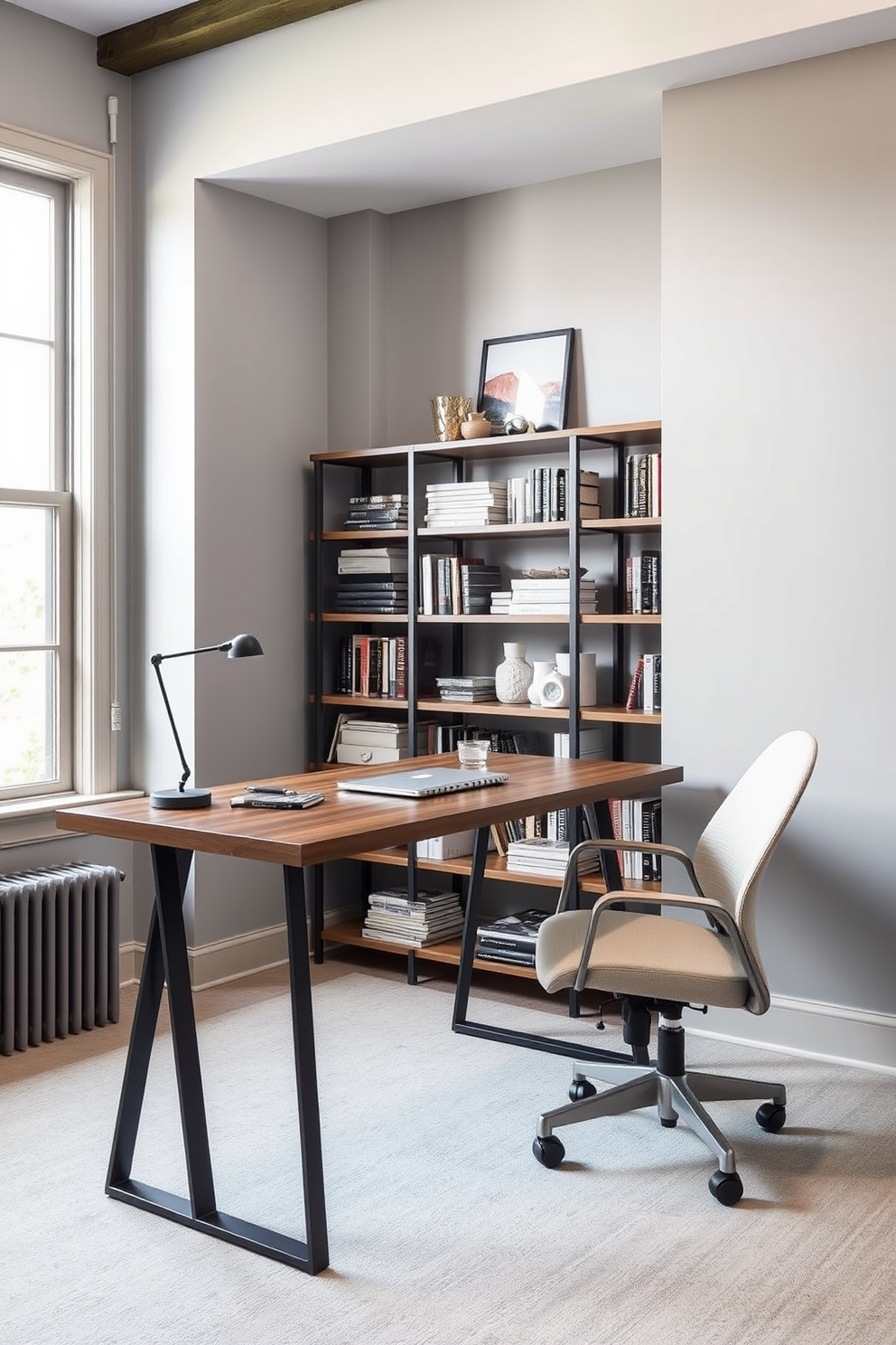 A modern home office featuring a sleek standing desk made of dark wood with metal legs. The walls are painted in a soft gray, complemented by a large window that allows natural light to flood the space. To the right of the desk, there is a comfortable ergonomic chair upholstered in a light fabric. A stylish bookshelf filled with books and decorative items lines the wall behind the desk, adding personality to the room.