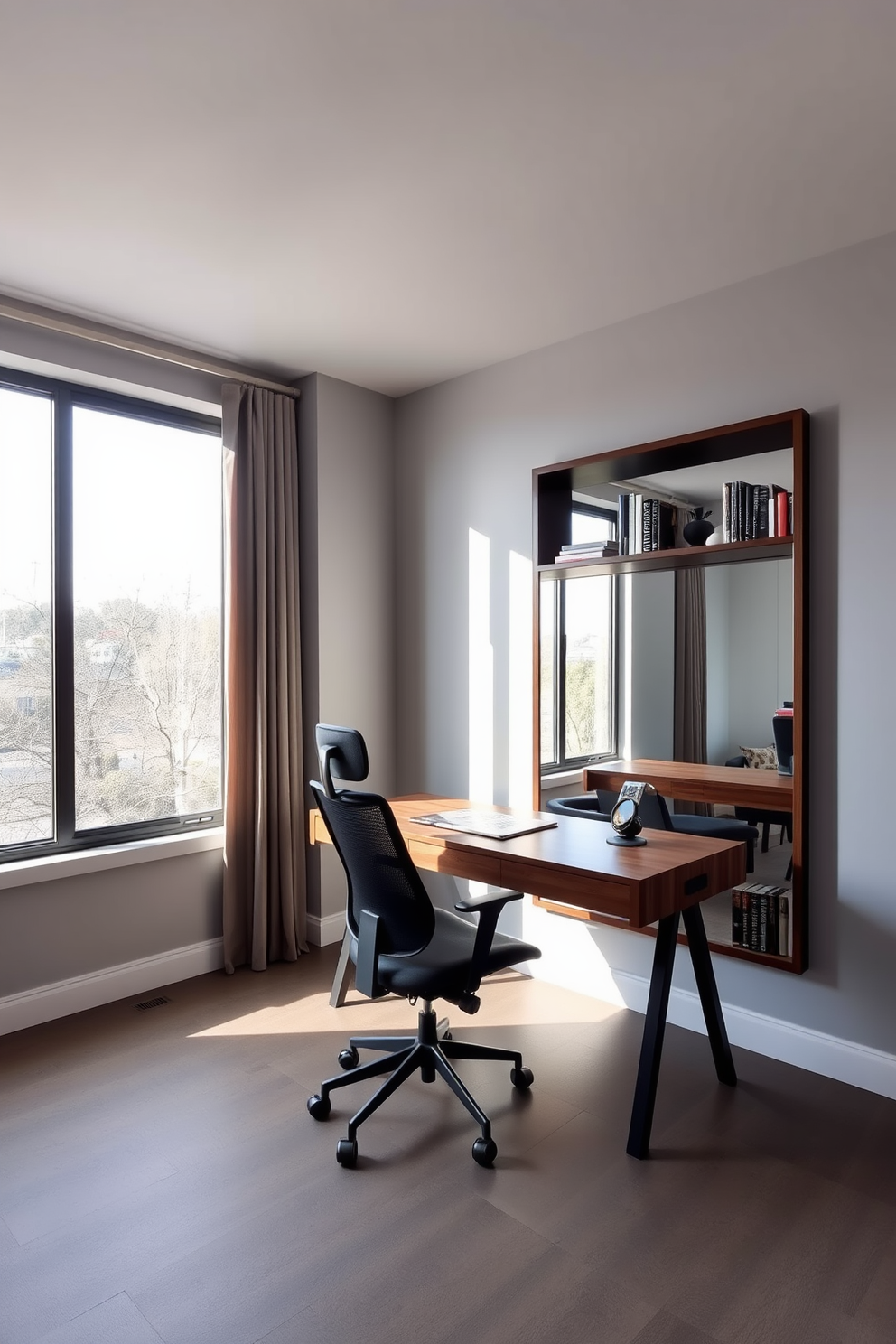 A stylish home office featuring a large window that allows natural light to flood the space. The walls are painted in a soft gray, and a sleek wooden desk is positioned in front of the window, reflecting light and creating an inviting workspace. On the wall opposite the desk, a full-length mirror enhances the light reflection and makes the room feel more spacious. A comfortable ergonomic chair sits at the desk, and shelves filled with books and decorative items add personality to the design.