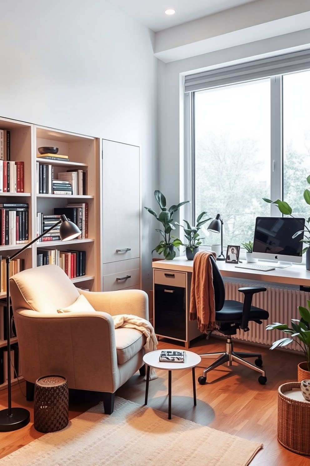 Cozy reading nook with bookshelf integration. A plush armchair is positioned next to a built-in bookshelf filled with an array of books and decorative items. Soft lighting from a nearby floor lamp creates a warm ambiance. A small side table holds a steaming cup of tea and a cozy blanket draped over the armchair. Home Office Design Ideas. A sleek desk with a minimalist design is paired with an ergonomic chair, promoting comfort and productivity. Natural light floods the space through a large window, while indoor plants add a touch of greenery to the modern aesthetic.