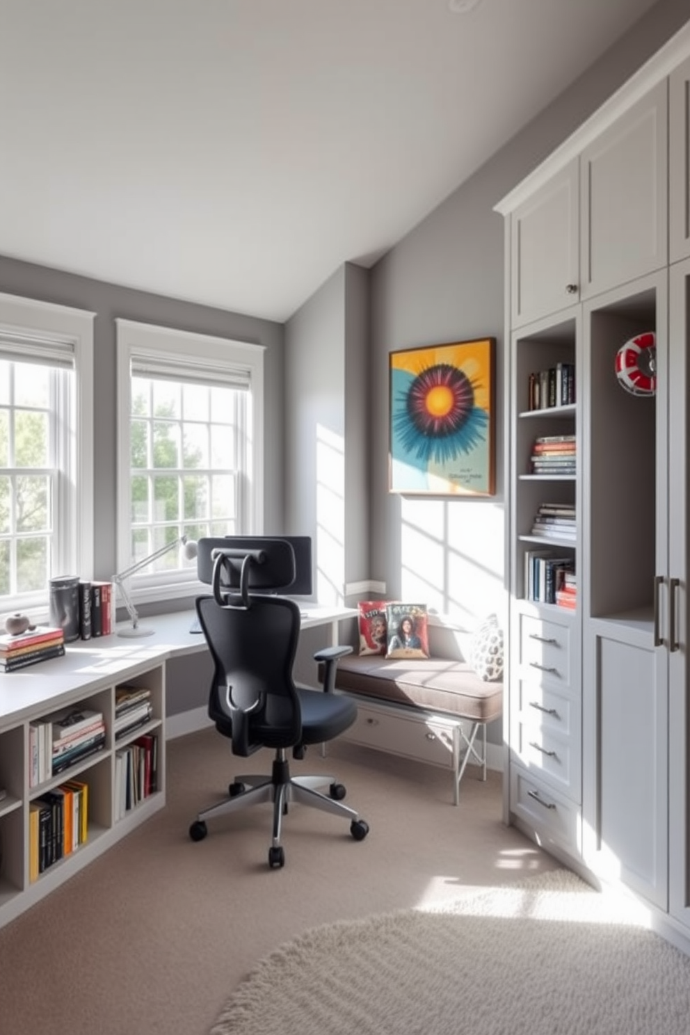 A stylish home office that features a combination of open and closed storage options. The room includes a sleek desk with a built-in bookshelf on one side, showcasing decorative items and books, while a closed cabinet on the opposite wall provides hidden storage for office supplies. Natural light floods the space through large windows, illuminating a comfortable ergonomic chair and a cozy reading nook in the corner. The walls are painted in a soft gray tone, complemented by vibrant artwork that adds personality to the room.