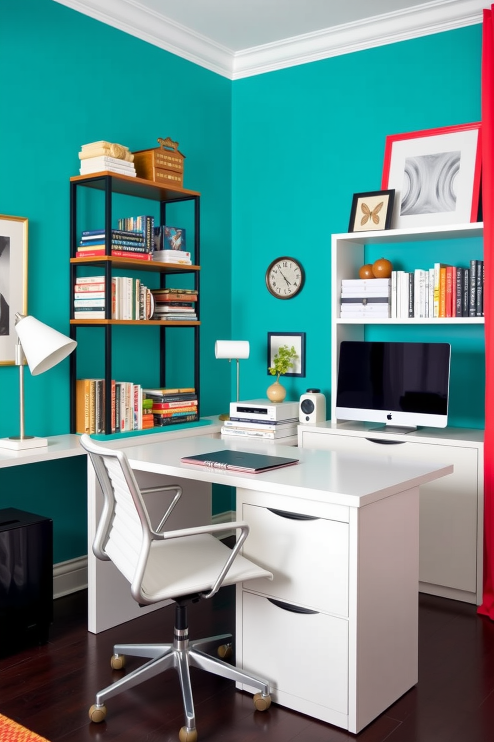 A vibrant home office features a colorful accent wall painted in a bold teal hue. The workspace includes a sleek white desk paired with an ergonomic chair and stylish shelving units filled with books and decorative items.