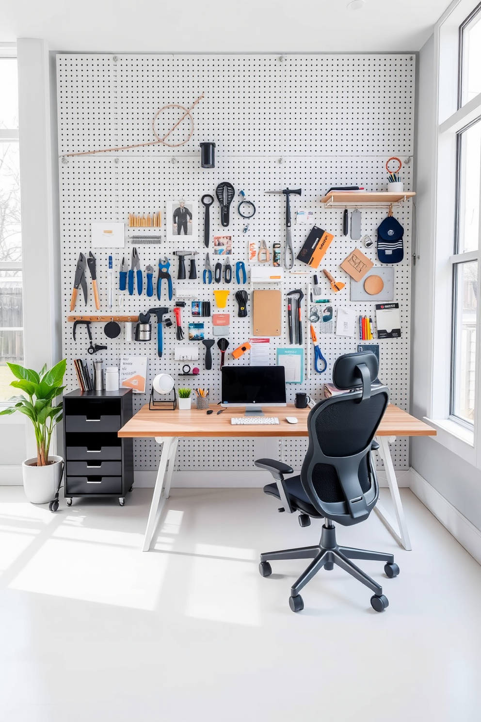 A modern home office featuring a pegboard wall for organization. The pegboard is filled with neatly arranged tools, stationery, and decorative items, creating a functional yet stylish workspace. A sleek desk made of light wood sits in front of the pegboard, paired with a comfortable ergonomic chair. Large windows allow natural light to flood the room, enhancing the calming color palette of soft blues and whites.