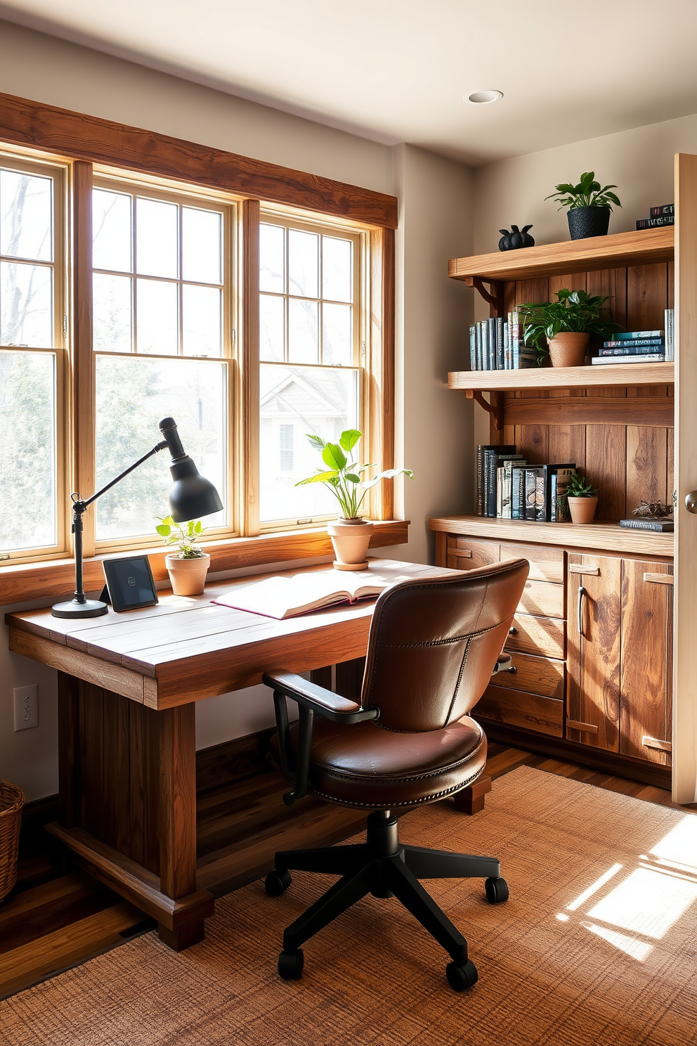 A cozy home office designed with reclaimed wood accents creates a warm and inviting atmosphere. The desk, made from weathered planks, is paired with a vintage leather chair that adds character to the space. Natural light floods the room through large windows, highlighting the rich textures of the wood. Shelves made from reclaimed timber display books and plants, enhancing the rustic charm of the office.