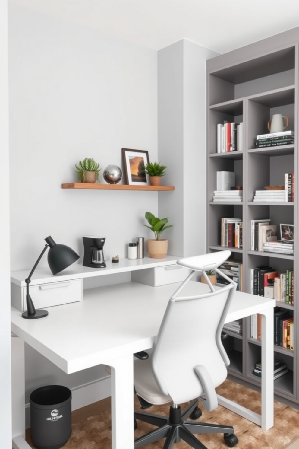 A stylish home office featuring a small coffee station in the corner. The desk is modern with clean lines, and a comfortable ergonomic chair is positioned in front of it. The walls are painted in a calming light gray, creating a serene atmosphere. A bookshelf filled with books and decorative items lines one side of the room, while a potted plant adds a touch of greenery.