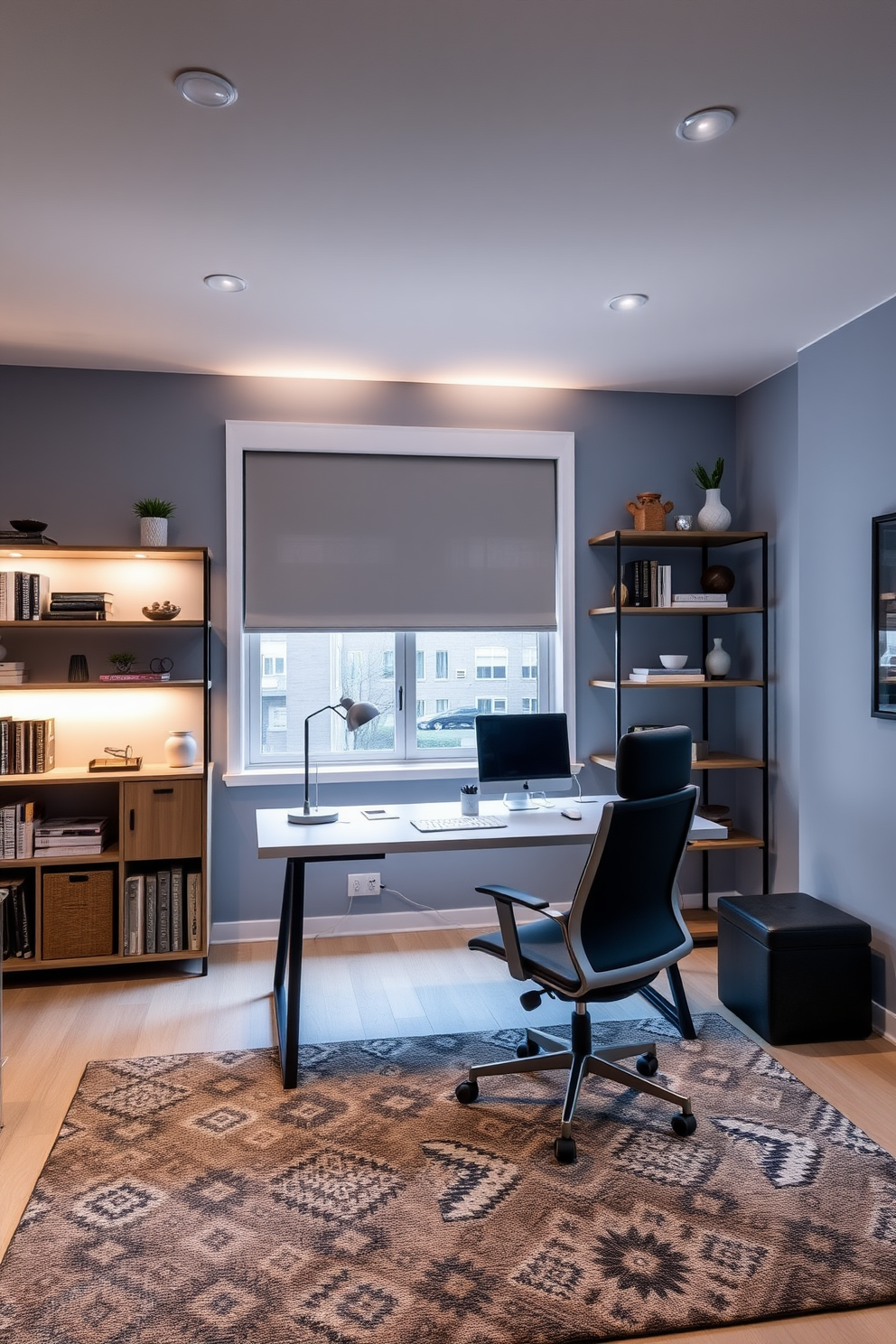 A modern home office with adjustable lighting features a sleek desk positioned near a large window. The room is designed with a comfortable ergonomic chair and shelves filled with books and decorative items. Soft ambient lighting creates a warm atmosphere while task lighting is focused on the workspace for optimal productivity. The walls are painted in a calming blue hue, complemented by a stylish rug that adds texture to the space.