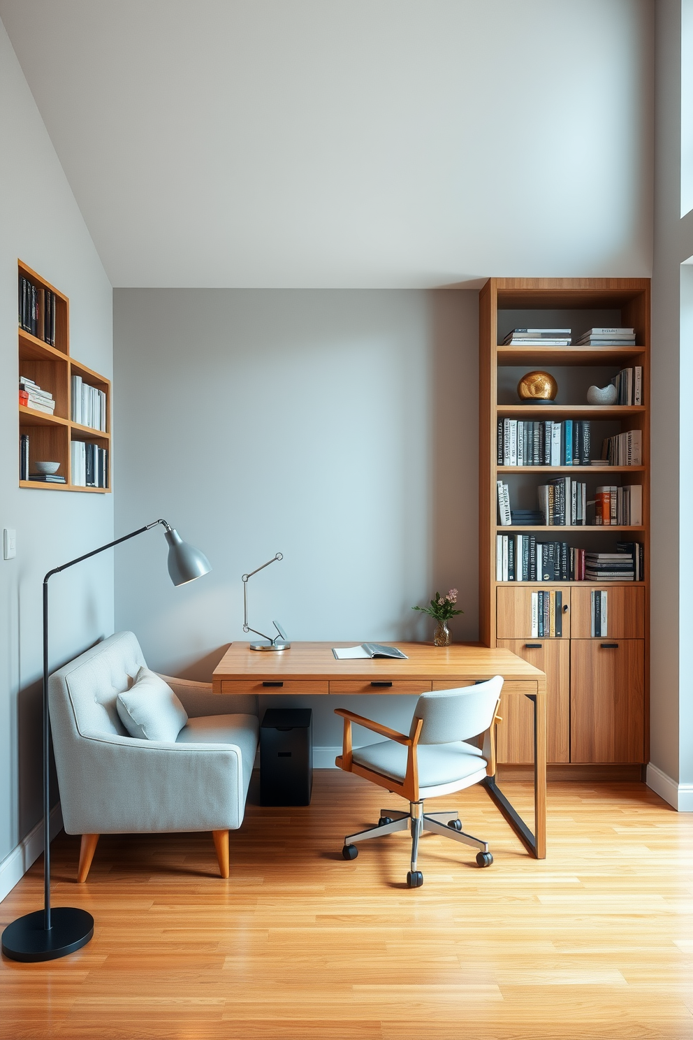 A stylish home office featuring a sleek wooden desk positioned against a light gray wall. To the left of the desk, a small comfortable sofa upholstered in a soft fabric invites relaxation breaks, complemented by a minimalist floor lamp nearby. The flooring is a warm hardwood that adds a cozy touch, while a large window allows natural light to flood the space. Bookshelves line one wall, filled with neatly arranged books and decorative items, creating an inspiring and organized atmosphere.