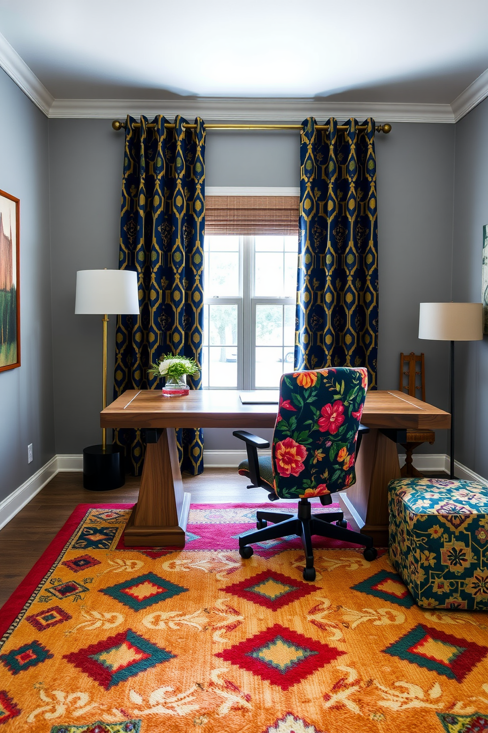 A vibrant home office adorned with bold patterned textiles. The walls are painted in a soft gray, while the curtains feature a striking geometric design in navy and gold, adding a touch of elegance to the space. A large, comfortable desk made of reclaimed wood sits in the center, accompanied by an ergonomic chair upholstered in a colorful floral fabric. A plush area rug with a bold tribal print anchors the room, creating a cozy and inviting atmosphere.