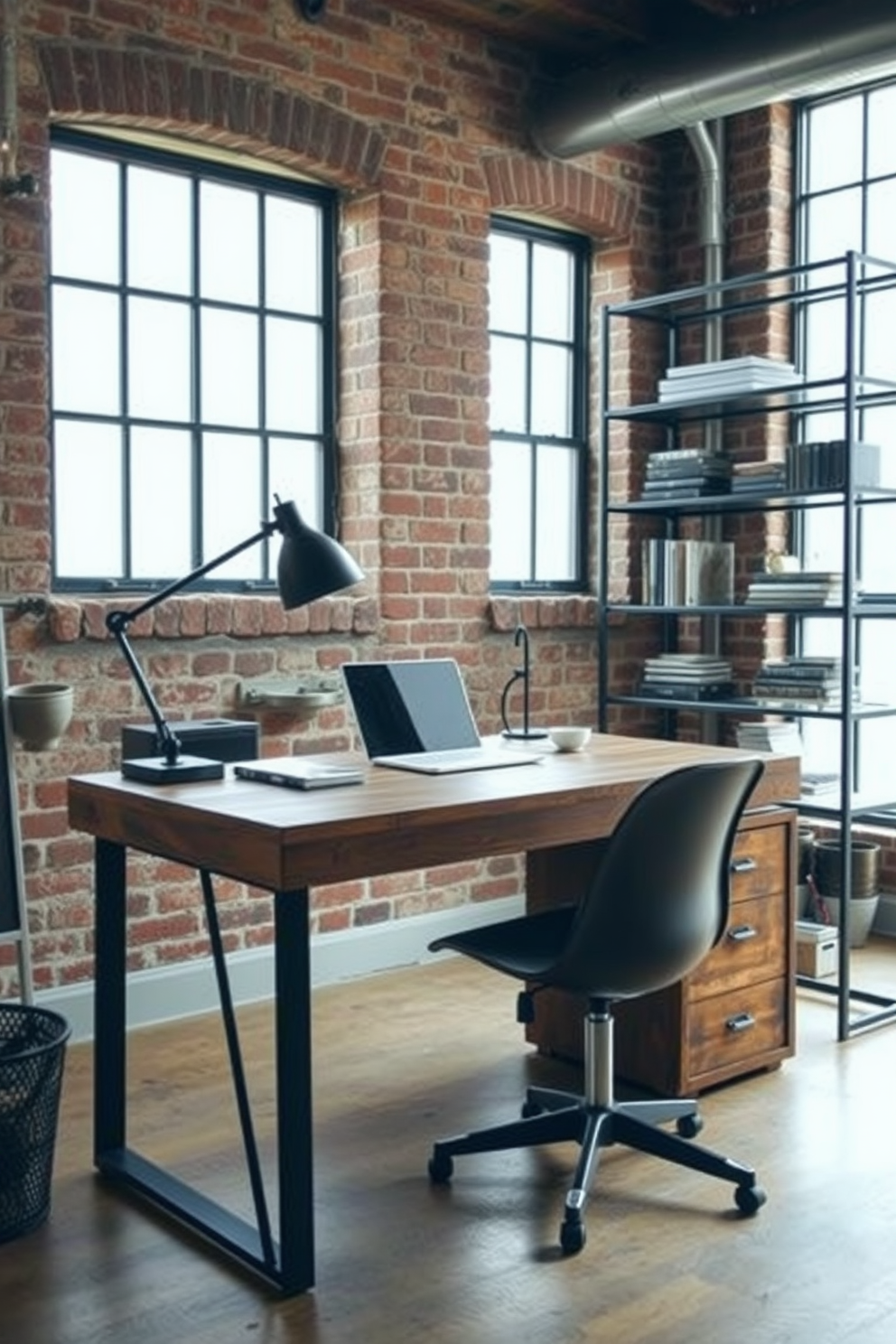 A modern home office featuring industrial style with metal accents. The desk is made of reclaimed wood with black metal legs, and a sleek metal chair complements the workspace. Exposed brick walls add character, while large windows allow natural light to flood the room. A metal shelving unit displays books and decorative items, enhancing the industrial aesthetic.