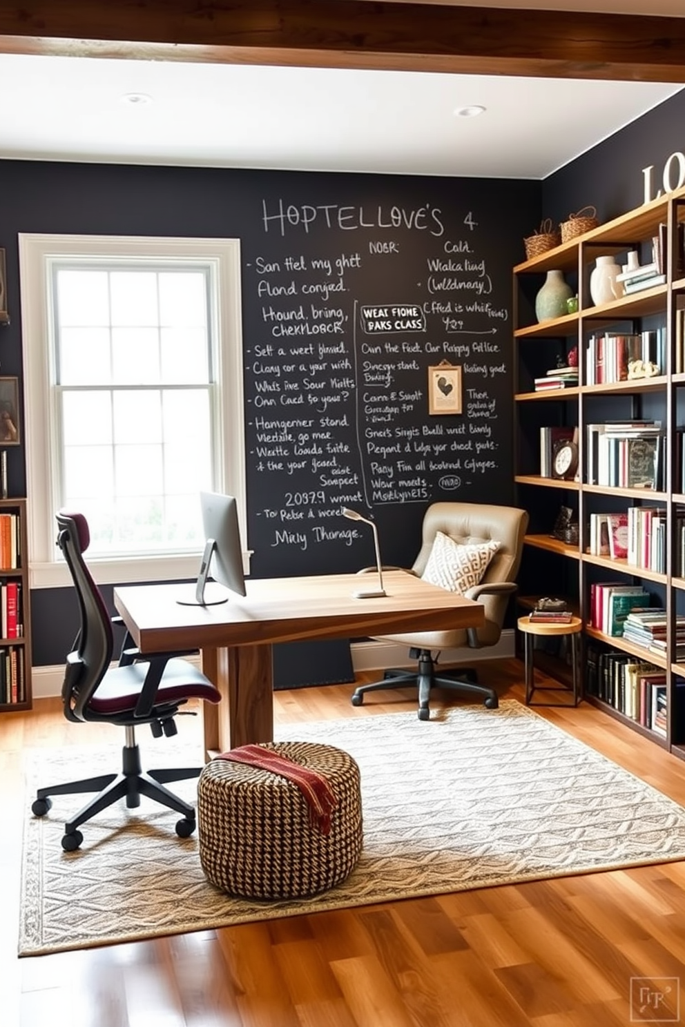 A stylish home office featuring a chalkboard wall for notes that adds a functional and creative touch to the space. The desk is made of reclaimed wood and positioned near a large window, allowing natural light to flood the room. Comfortable ergonomic chairs are paired with the desk, while shelves filled with books and decorative items line the walls. A cozy reading nook with a plush armchair and a small side table is situated in one corner, creating an inviting atmosphere for inspiration.