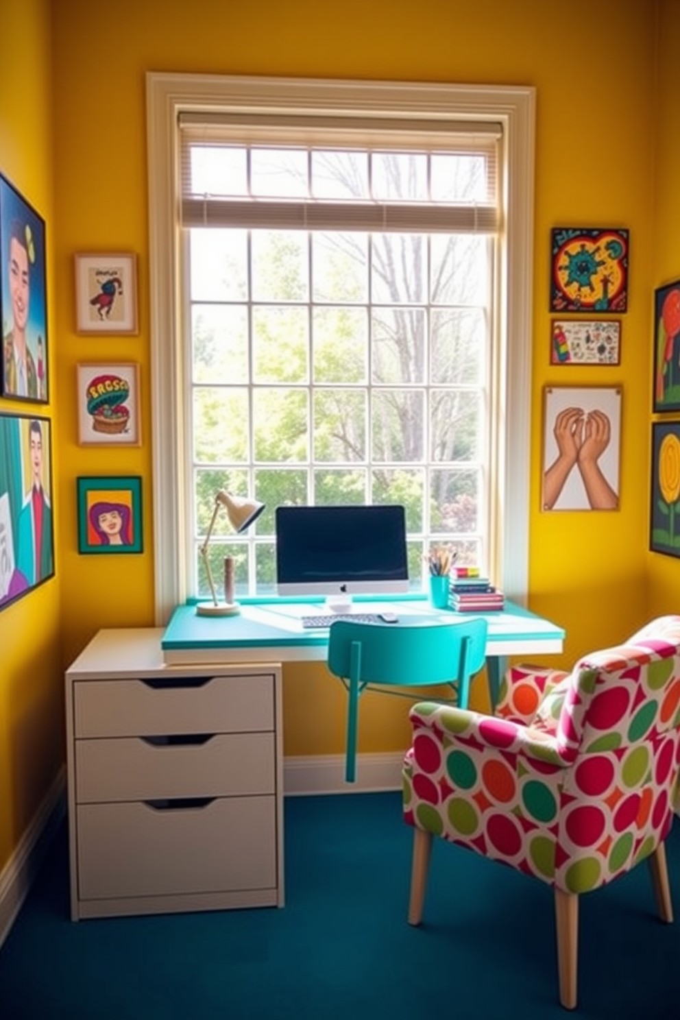 A bright and cheerful workspace filled with vibrant colors. The walls are painted in a lively yellow hue, complemented by a large window that lets in plenty of natural light. A modern desk in a bold turquoise shade is positioned in front of the window. Colorful artwork adorns the walls, and a comfortable chair in a playful pattern adds a touch of fun to the space.