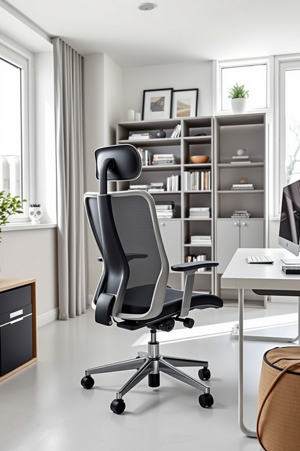 A sleek ergonomic chair designed for ultimate comfort and support is positioned at a modern desk in a home office. The chair features adjustable settings, lumbar support, and a breathable mesh back, complementing the minimalist aesthetic of the workspace. The home office is illuminated by natural light streaming through large windows, with a calming color palette of soft grays and whites. A stylish bookshelf filled with curated decor and books adds personality, while a small potted plant brings a touch of nature to the environment.