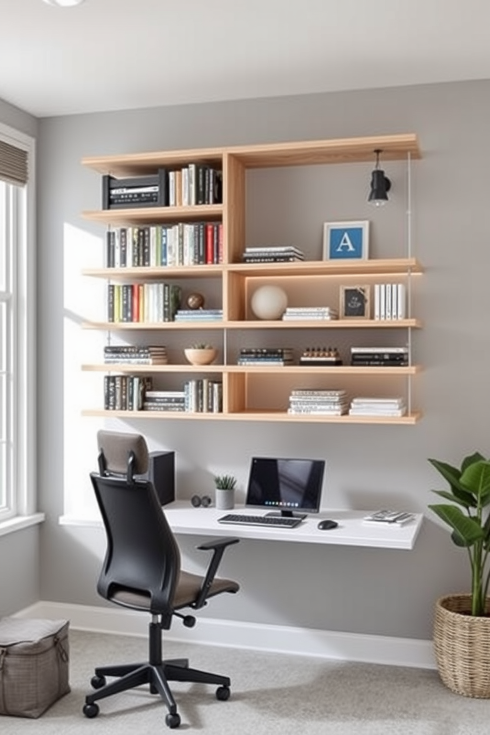 A modern home office featuring wall-mounted shelves for space-saving storage. The shelves are made of light wood and are filled with neatly organized books and decorative items. A sleek desk is positioned beneath the shelves, paired with a comfortable ergonomic chair. The walls are painted in a soft gray, and a large window allows natural light to flood the space, creating an inviting atmosphere.