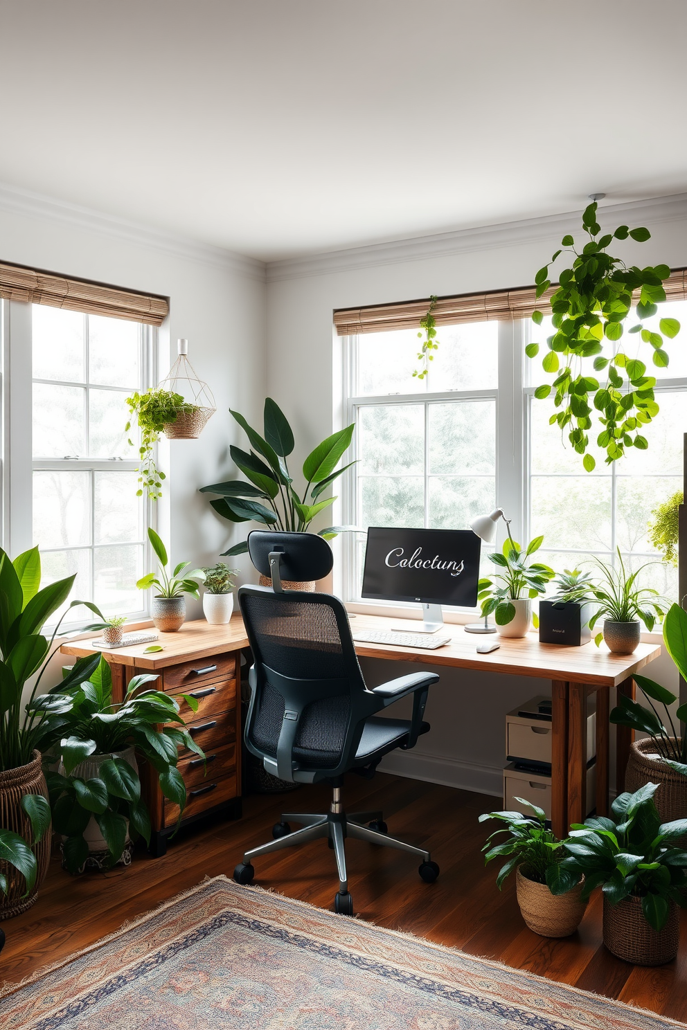 A serene home office space filled with nature-inspired decor. Lush green plants are strategically placed around the room, bringing a fresh and vibrant atmosphere. The desk is made of reclaimed wood, paired with a comfortable ergonomic chair. Large windows allow natural light to flood in, enhancing the connection to the outdoors.