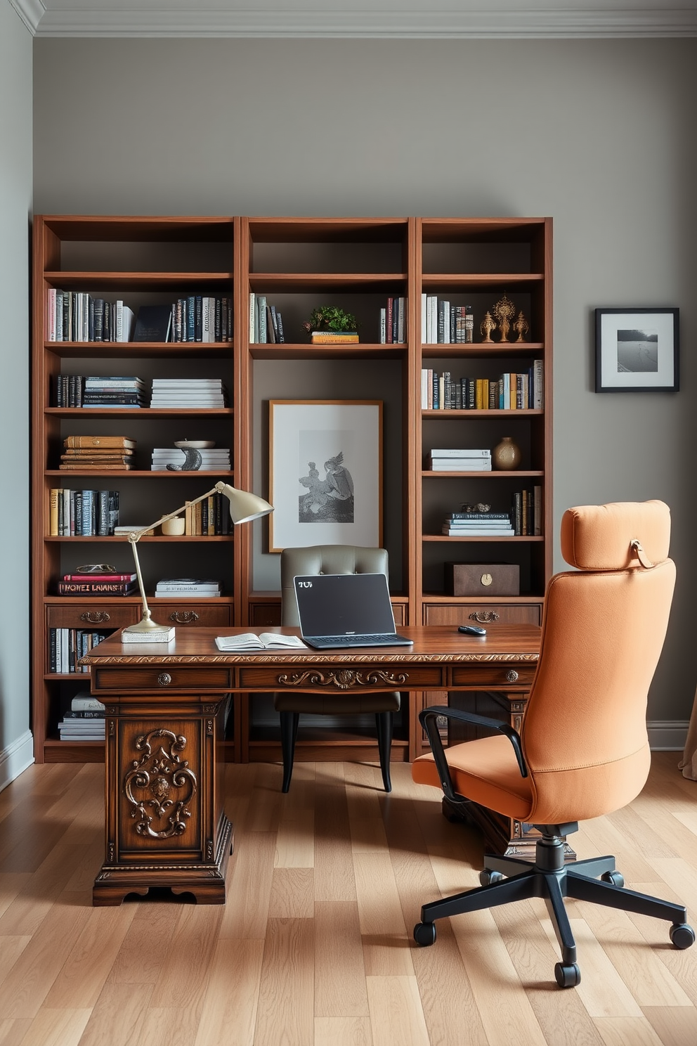 A vintage wooden desk with intricate carvings sits in the center of a stylish home office. The desk is accompanied by sleek modern accessories including a minimalist desk lamp and a contemporary laptop. The walls are painted in a soft gray hue, complementing the warm tones of the desk. A plush ergonomic chair in a bold color adds a pop of vibrancy to the space, while a large bookshelf filled with books and decorative items stands against one wall.