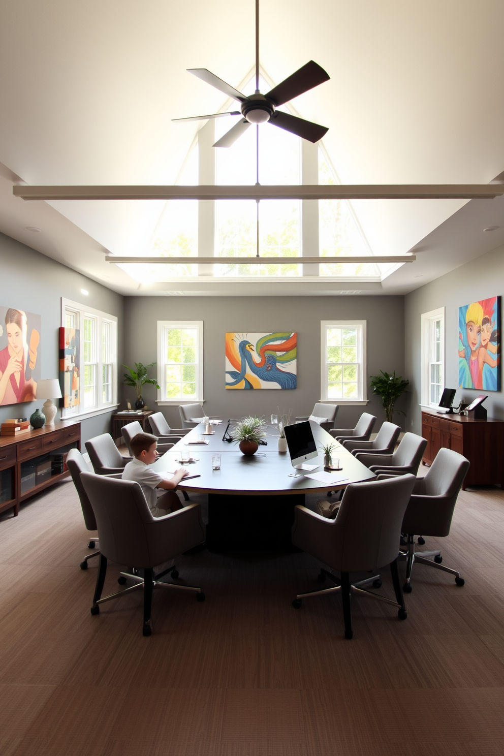 A spacious home office with an open layout designed for collaborative work. The room features a large central table surrounded by comfortable chairs, promoting teamwork and communication. Natural light floods the space through large windows, creating an inviting atmosphere. The walls are painted in a soft gray, complemented by vibrant artwork that inspires creativity.