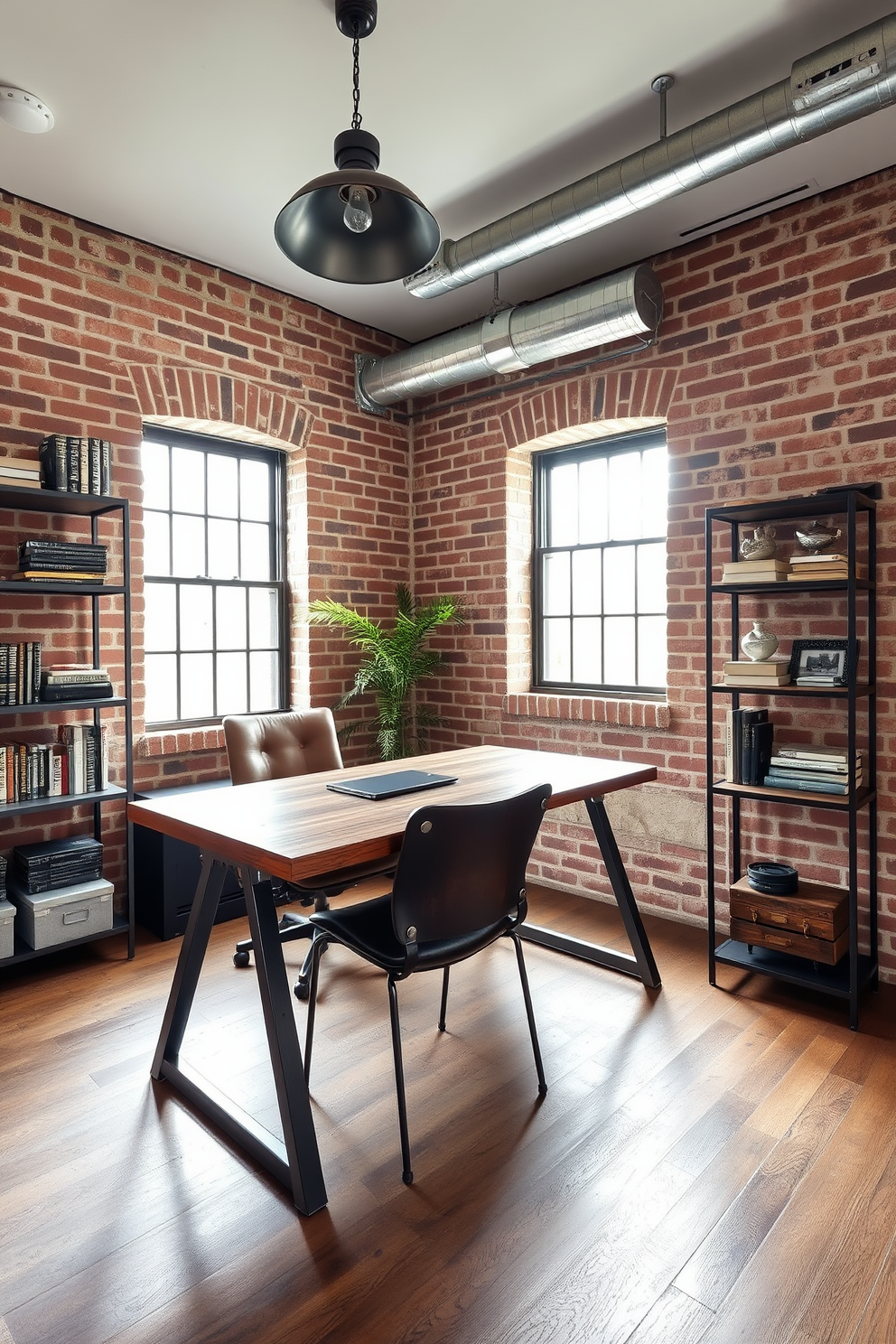 An industrial style home office featuring exposed brick walls creates a raw yet refined atmosphere. The space includes a large wooden desk with metal legs, complemented by a vintage leather chair and industrial-style lighting fixtures. On one side of the room, a metal shelving unit displays books and decorative items, adding personality to the environment. A large window allows natural light to flood the space, enhancing the warm tones of the wood and the cool texture of the brick.