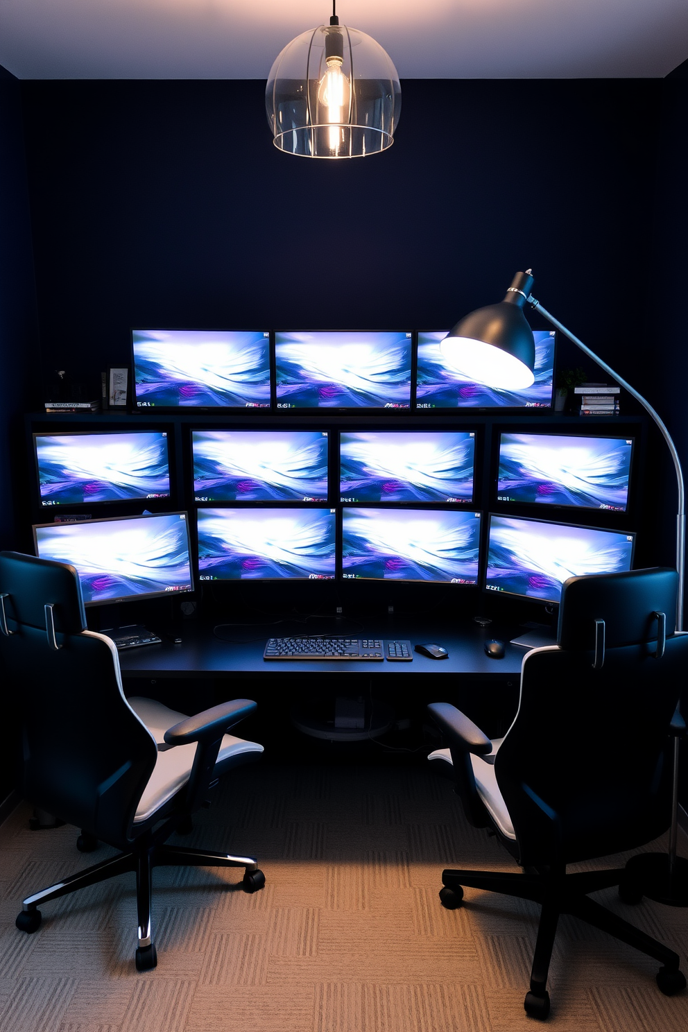 A tech-savvy home office setup features multiple screens arranged on a sleek black desk. The walls are painted in a deep navy blue, creating a modern and focused atmosphere. Ergonomic office chairs provide comfort during long working hours, while stylish shelving units display books and tech gadgets. Ambient lighting from a contemporary floor lamp enhances the workspace, adding a touch of sophistication.