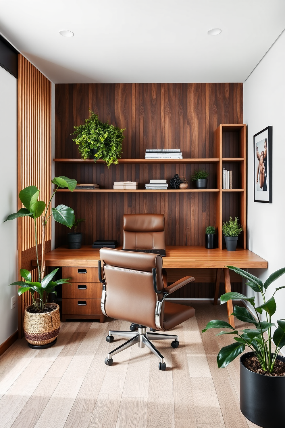 A modern home office designed for men that incorporates natural elements such as plants and wood. The workspace features a sleek wooden desk paired with a comfortable leather chair, while potted greenery adds a refreshing touch to the environment.