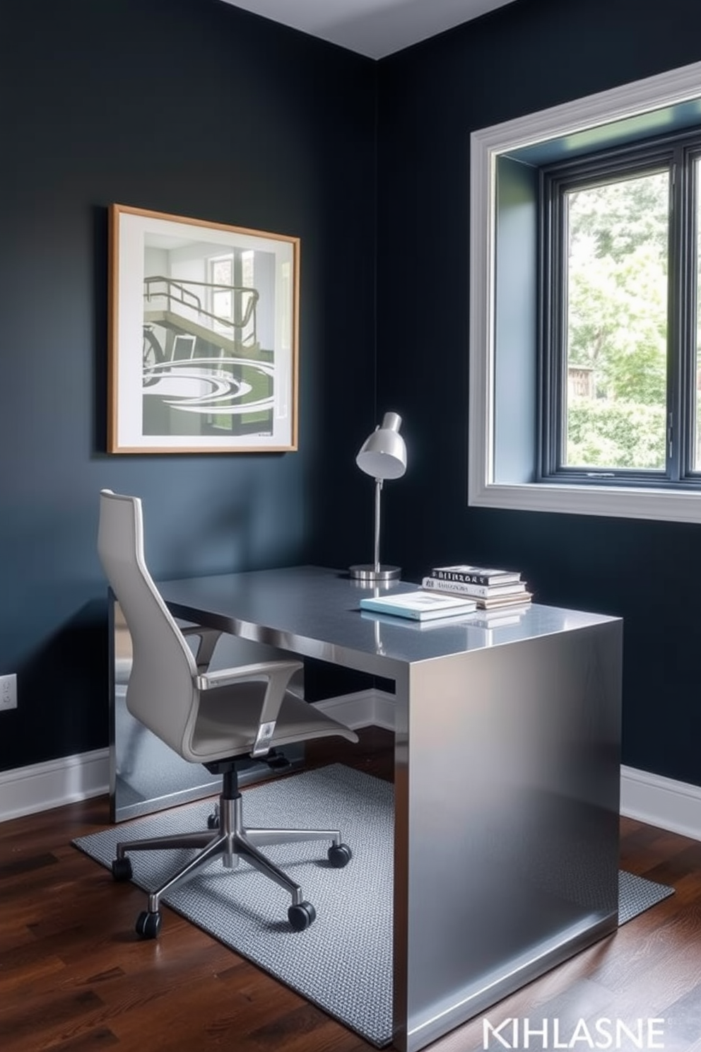 A sleek metal desk with clean lines sits at the center of the home office, complemented by a comfortable ergonomic chair. The walls are painted in a deep navy blue, creating a sophisticated backdrop for the space. On the desk, a minimalist lamp provides focused lighting, while a few carefully arranged books add a touch of personality. A large window allows natural light to flood the room, enhancing the modern aesthetic with a view of greenery outside.