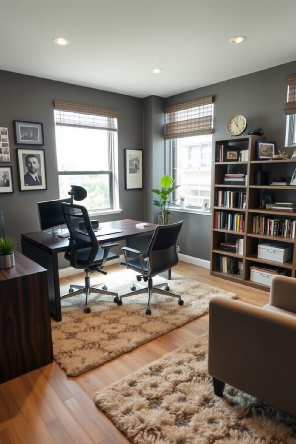 A modern home office designed for a man, featuring a sleek dark wood desk with a comfortable ergonomic chair. The walls are adorned with framed artwork that reflects personal interests, and a bookshelf filled with books and personal memorabilia stands against one side. The office has a large window allowing natural light to flood the space, complemented by stylish blinds. A plush area rug anchors the room, and a small indoor plant adds a touch of greenery to the overall aesthetic.